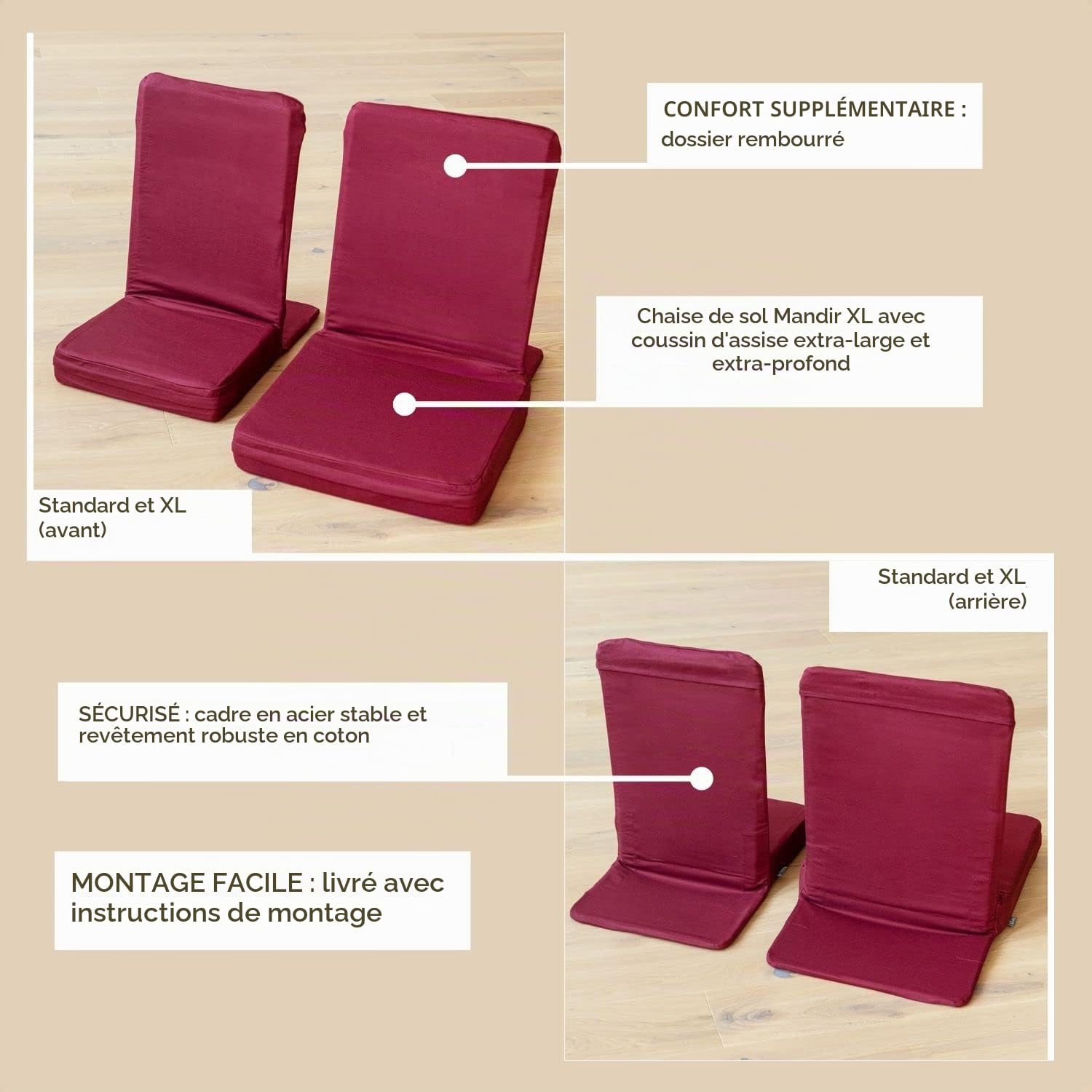 Bodhi Chaise de méditation Mandir, siège de Sol Standard ou XL pour la médiation