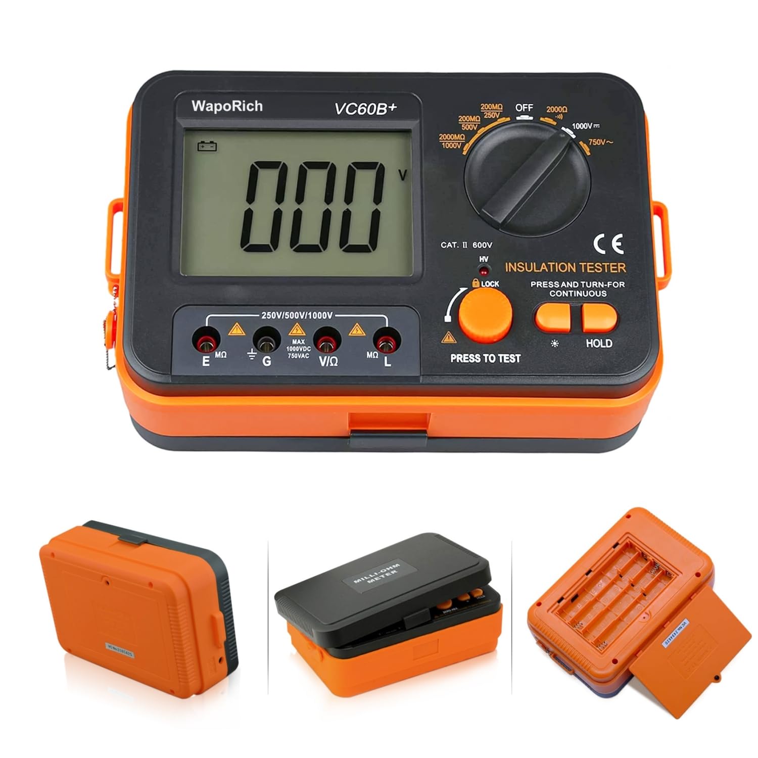 Mégaohmmètre, Testeur de résistance d'isolement numérique WapoRich 2000 MΩ avec tensions de test DC 250 V/50 V/1000 V, AC 750 V