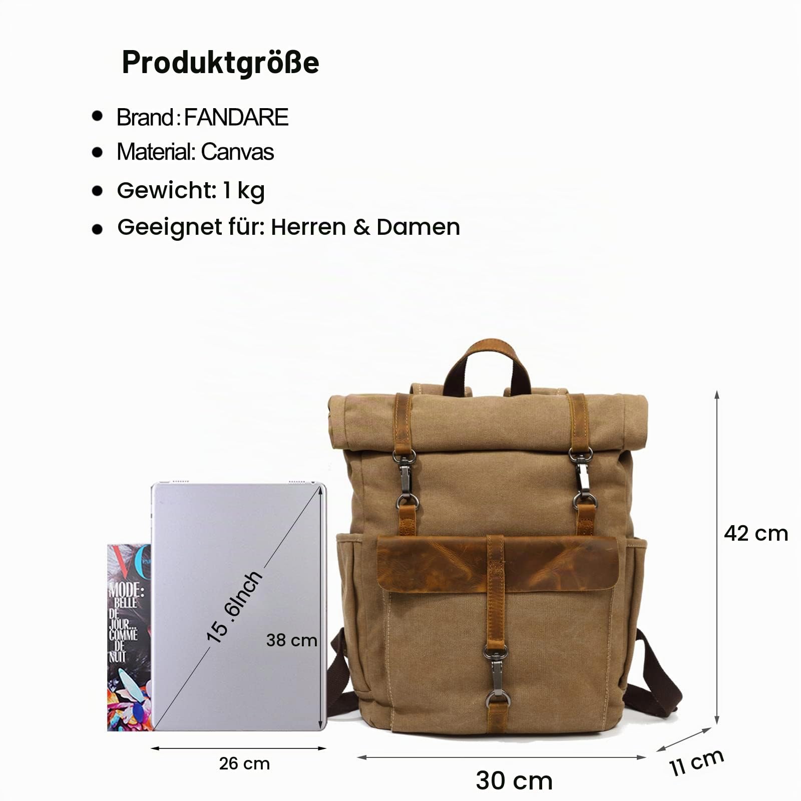 FANDARE Rolltop Rucksack Leinwand Schulrucksack Laptop Handgepäck Rucksack Herren Damen mit 15.6 Zoll Laptopfach Rucksäcke zum Business Arbeit Reise Schulranzen Daypacks Khaki