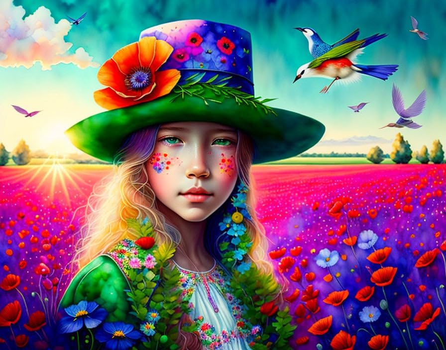 Peinture sur toile aquarelle patchwork plante et fille fantastique 58 x 90 cm
