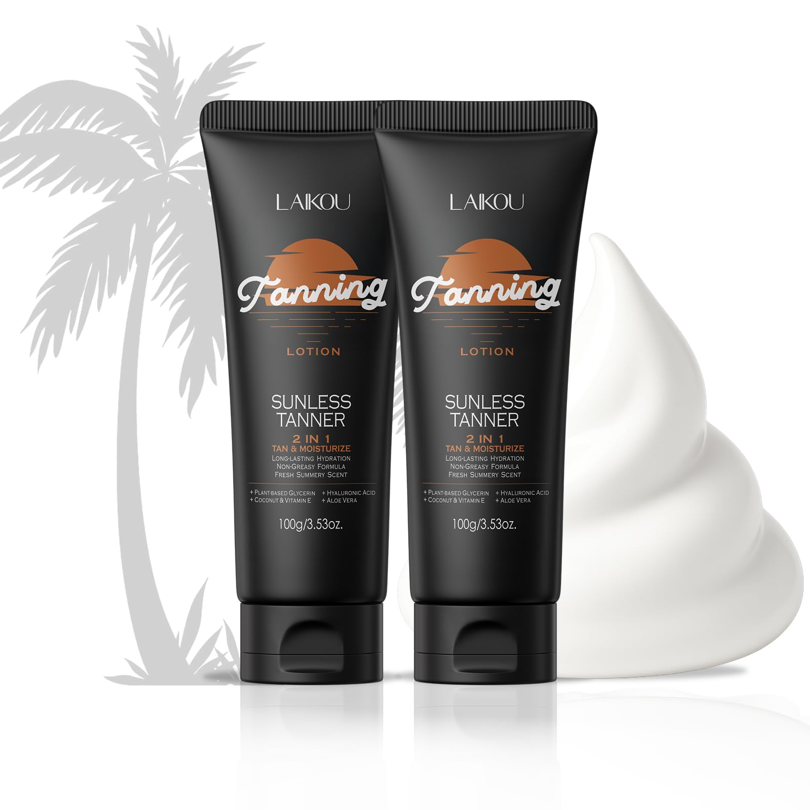 LAIKOU Tanning Lotion 2 x 100g, Natural Sun-Kissed Glow with Coconut Oil, Vitamin E & Shea Butter, Hydrating, Streak-Free