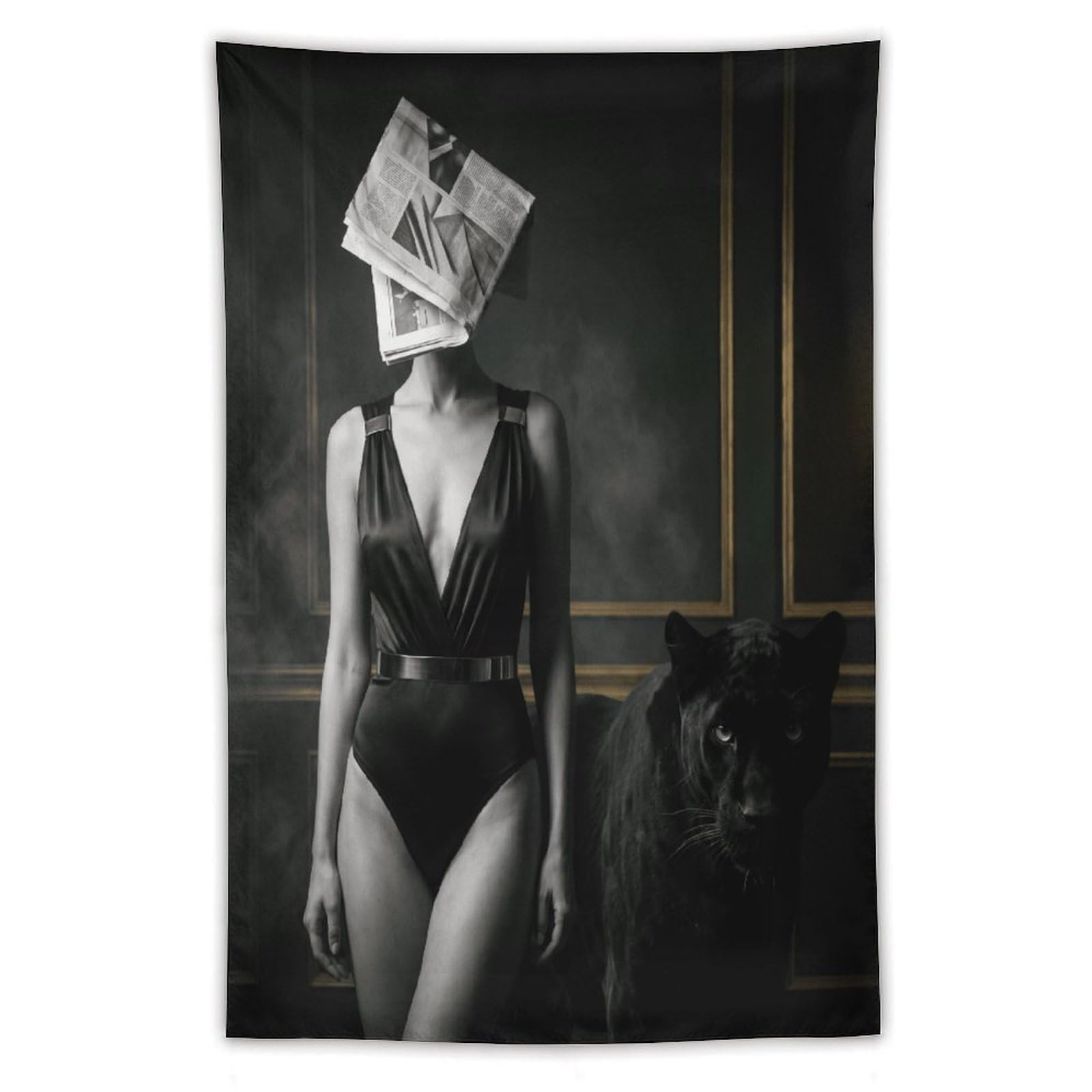 H3B8U2Y5 Newspaper Mask Woman Panther Wall Tapestry, Wild Animal Power