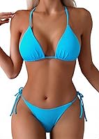 Tainehs Women's Sexy Halter Triangle Thong Bikini Swimsuit Set - Adjustable Ties, Push-Up Padding, Double-Lined Fabric