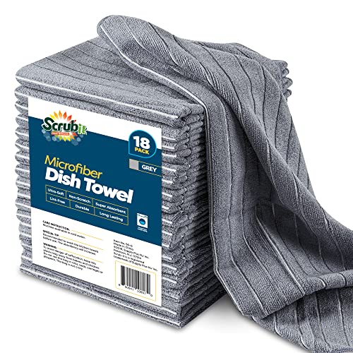 Microfiber Kitchen Towels - [18 Pack], 18" X 26" Microfiber Cleaning Cloth - Soft, Absorbent & Durable Dish Towels For Washing Dishes – Grey And White Microfiber Towel & Cleaning Rags (Grey, 18) #TOP24