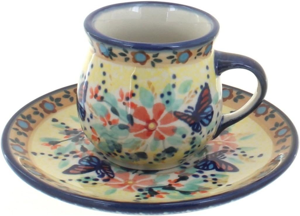 Blue Rose Polish Pottery - Yellow Blue Butterfly Espresso Cup & Saucer - 3 oz - Unique Mug & Saucer, Perfect for Breakfast