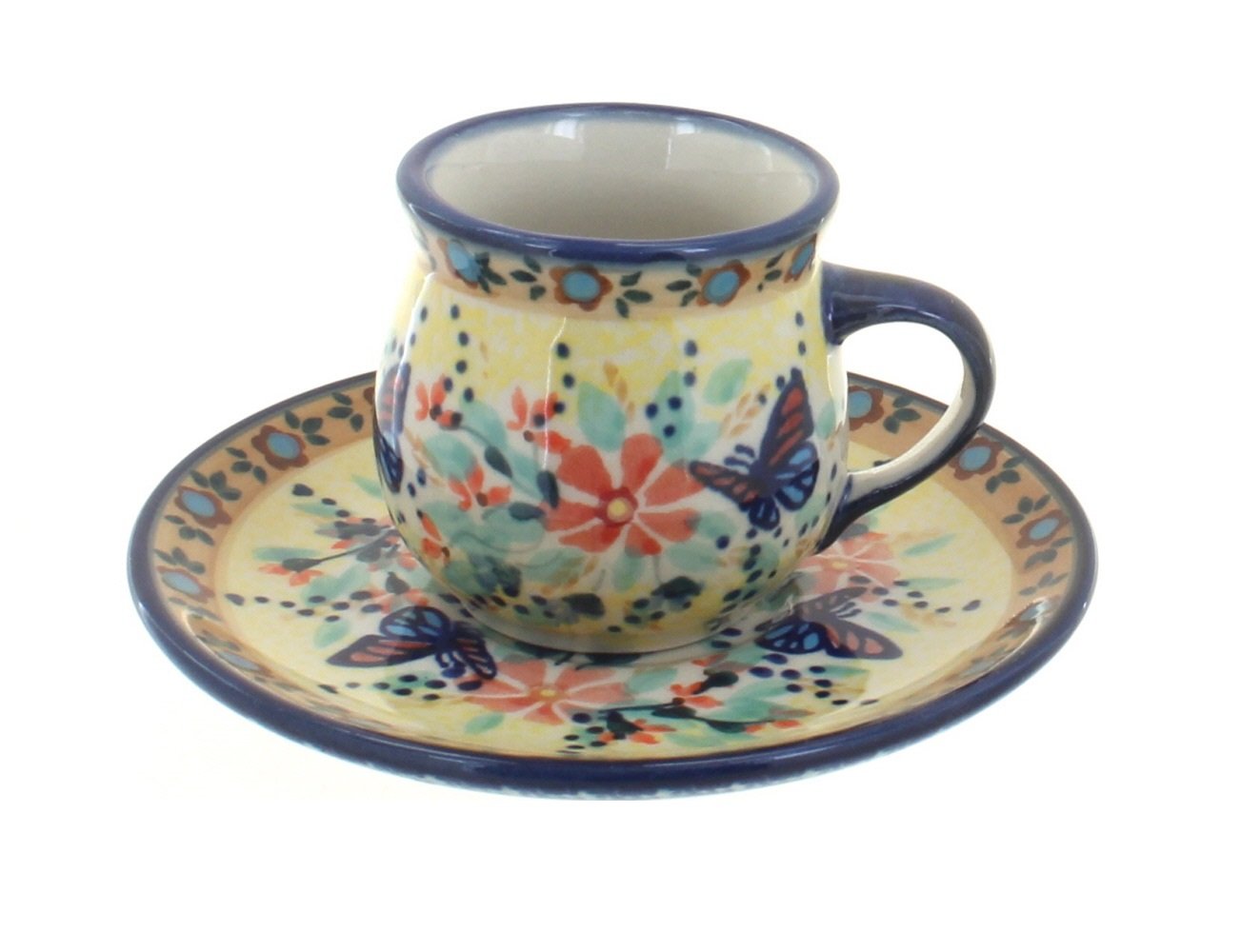 Blue Rose Polish Pottery - Yellow Blue Butterfly Espresso Cup & Saucer - 3 oz - Unique Mug & Saucer, Perfect for Breakfast