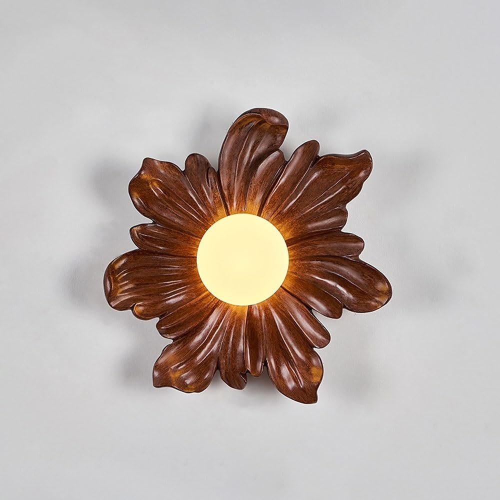 Lámpara de girasol1 luz decoración artística aplique de pared floral de resina con pantalla esférica de acrílico blanco, casquillo G4 | Lámpara de pared rústica for sala de estar, pasillo(Walnut)