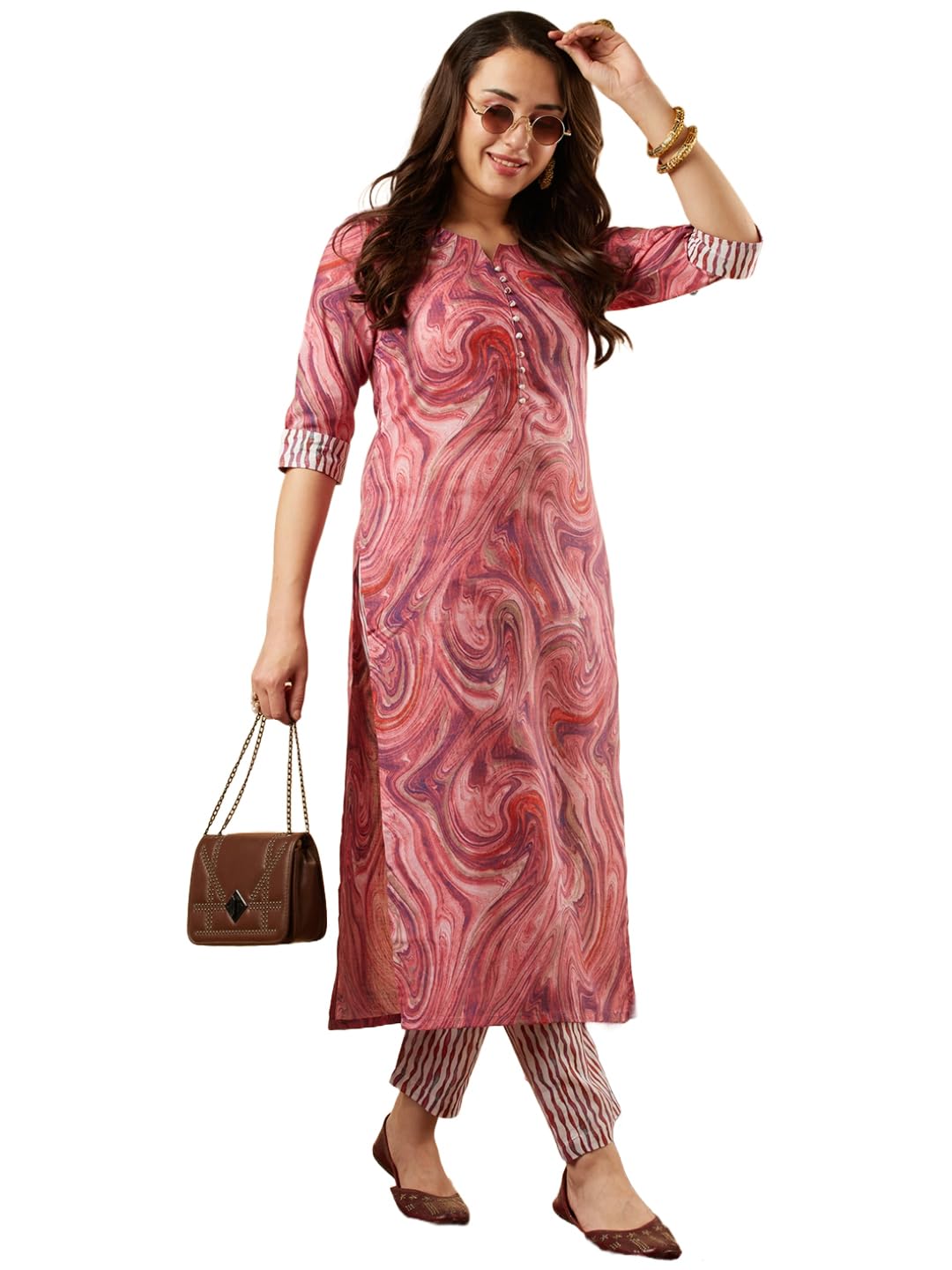 GoSriKi Women's Cotton Blend Straight Printed Kurta with Pant Set
