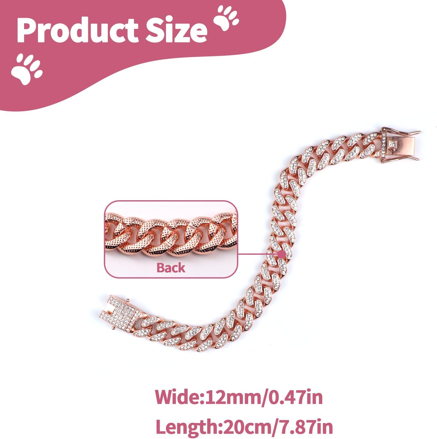 Cuban Dog Chain Collars, Rose Gold Crystal Pet Necklace, Metal Pet Necklace with Safety Buckle Lock, for Small Medium Large Dogs Cats (8 Inch) image 3