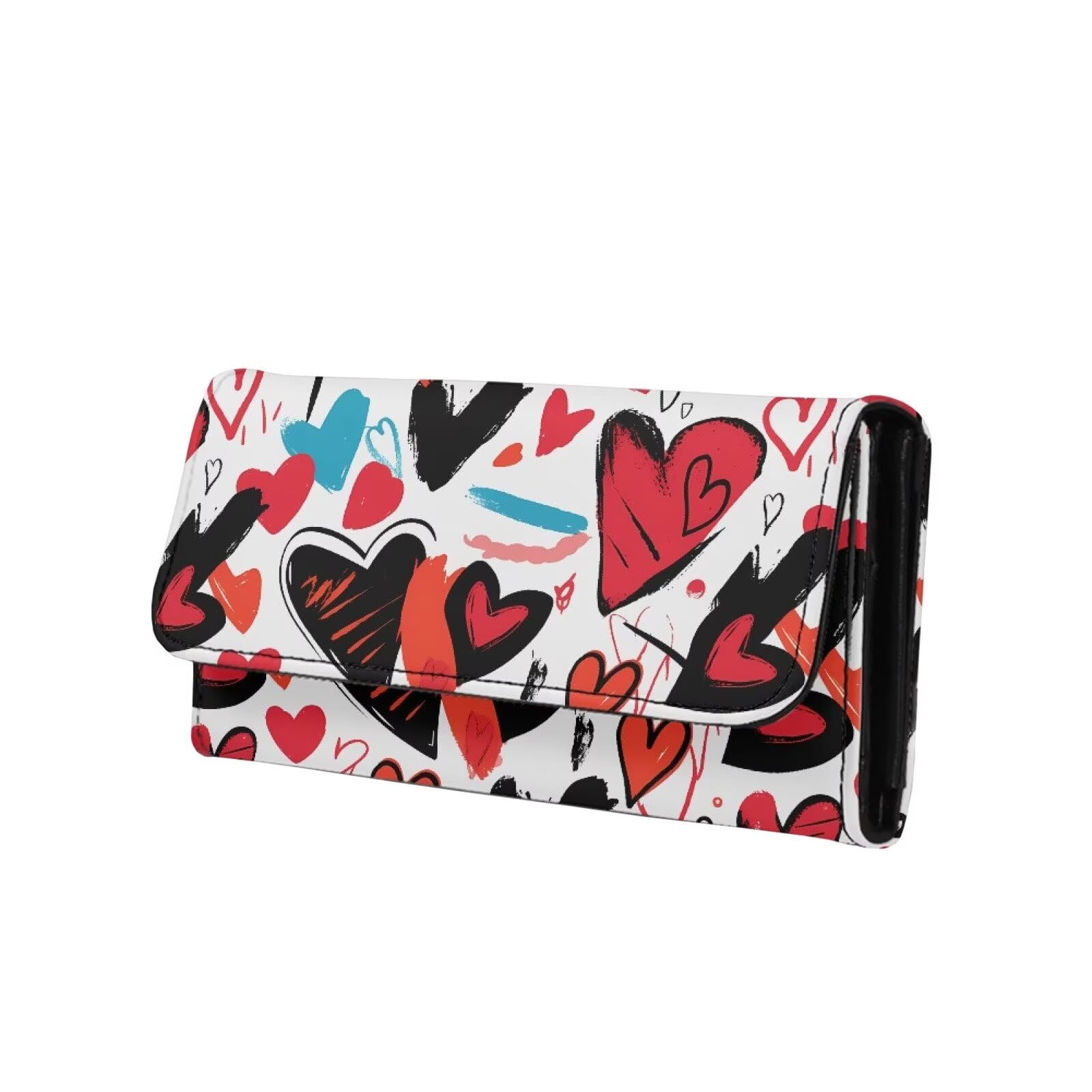 Jolamirel Graffiti Hearts Womens Cash Wallet with Zipper Pocket, Drawing Red Heart Doodle Pattern Faux Leather Trifold Long Ladies Billfold Wallets