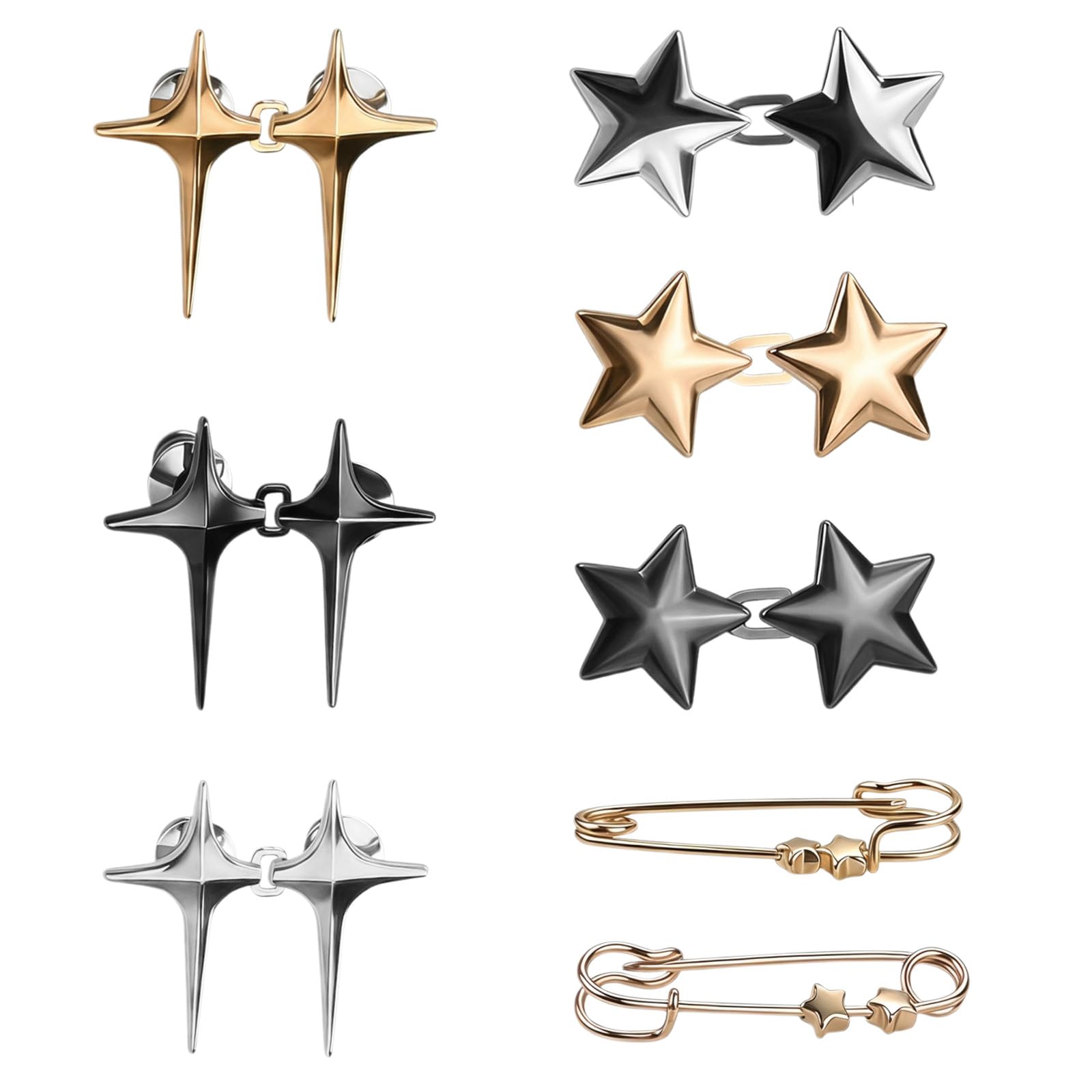 6 Pairs Star Jean Waist Tightener Clips with 2Pcs Button Pins, No Sewing Adjustable Waistband Buttons for Loose Jeans Skirts Sweaters, Reusable Metal Waist Cincher Tightener Pins for Trousers