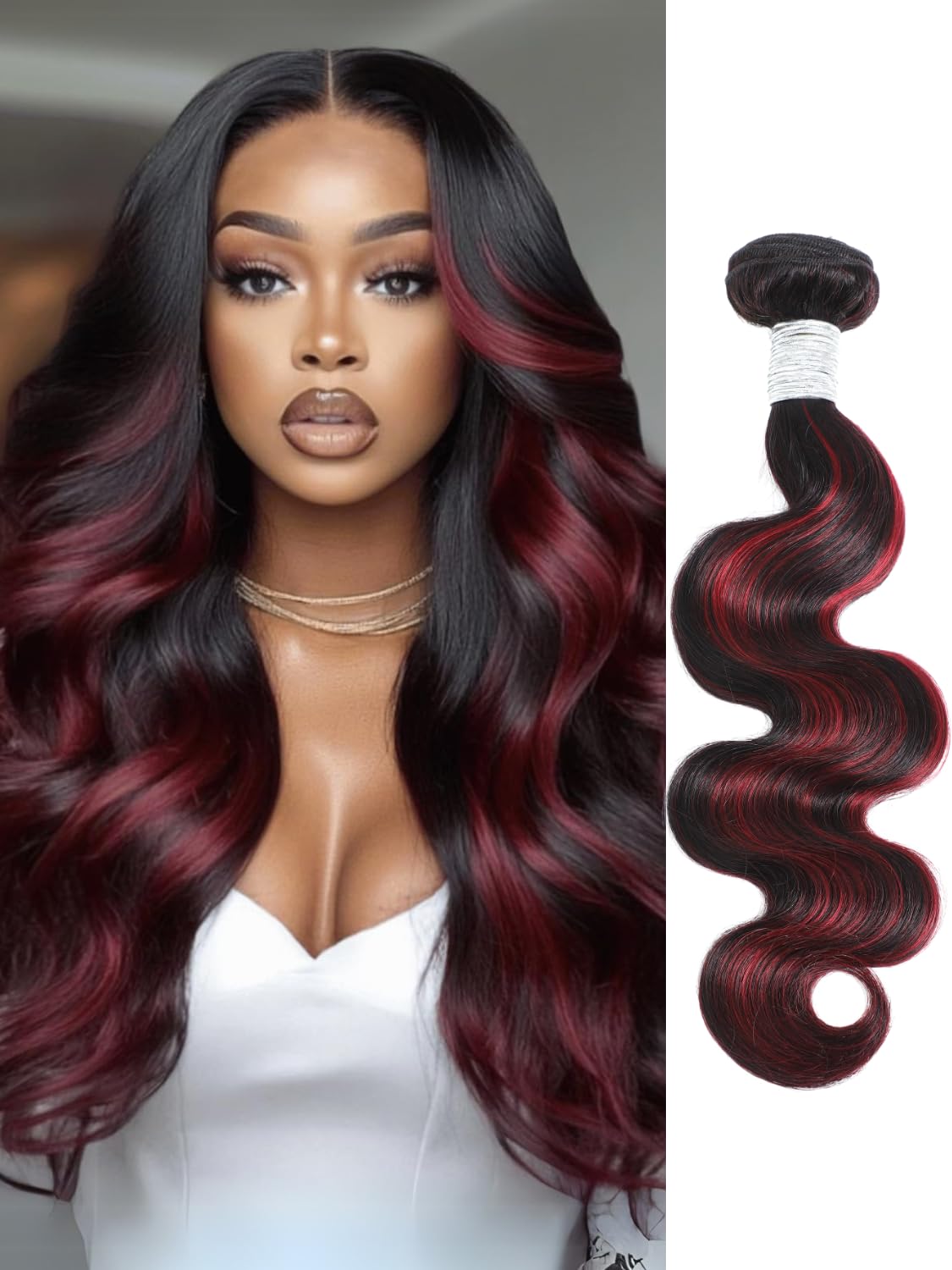 AUROO 99J Burgundy Highlight Body Wave Single Bundles 26 inch, 12A 100% Virgin Burgundy and Black Colored Human Hair Single Bundles Thick Track Ombre