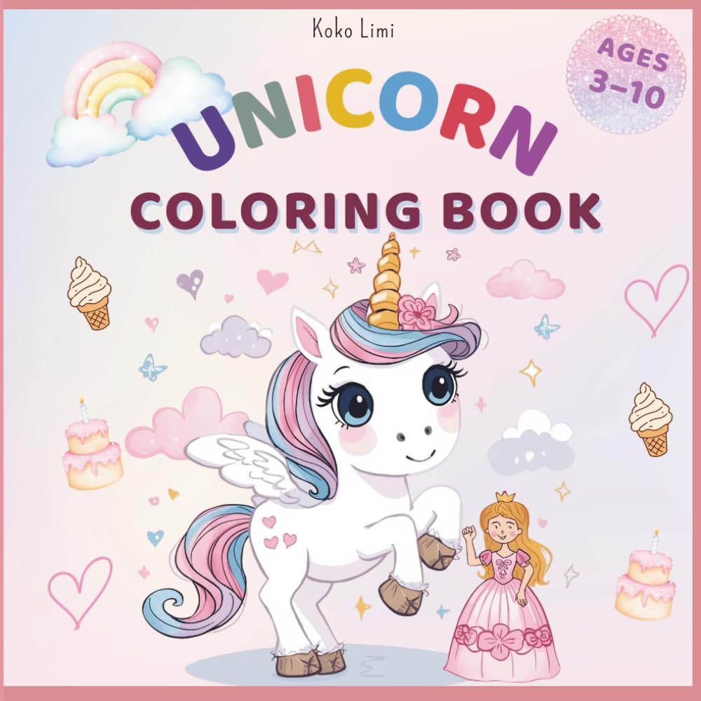 UNICORN COLORING BOOK: COLORING BOOK COVER FOR KIDS – PASTEL PINK AND BLUE UNICORN, 50 magical drawings to dream and color