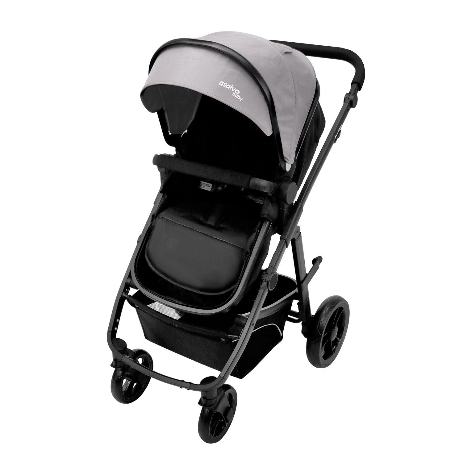 Asalvo TWO+ 2 Trío Convertible 3 en 1, Silla de Paseo, Carrito de bebé, Silla de Auto, Plegable, Compacto y Reclinable, Suspensión en las ruedas, Silla reversible, Amplio capazo, hasta 23 kg, Gris