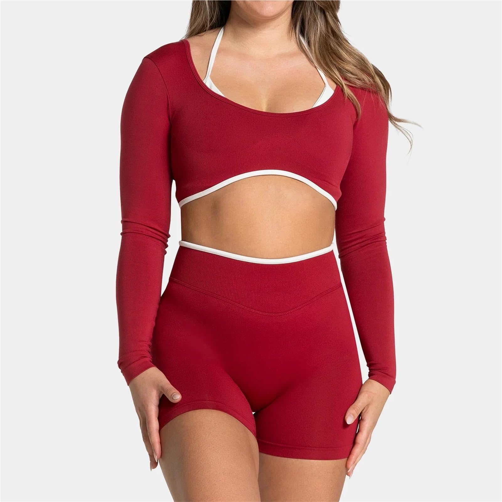 关键词 Set Yoga Donna Set da Yoga Donna 2 Pezzi Senza Cuciture Lmpact Palestra Collant a Maniche Lunghe Top Pantaloncini Fitness Abiti Allenamento