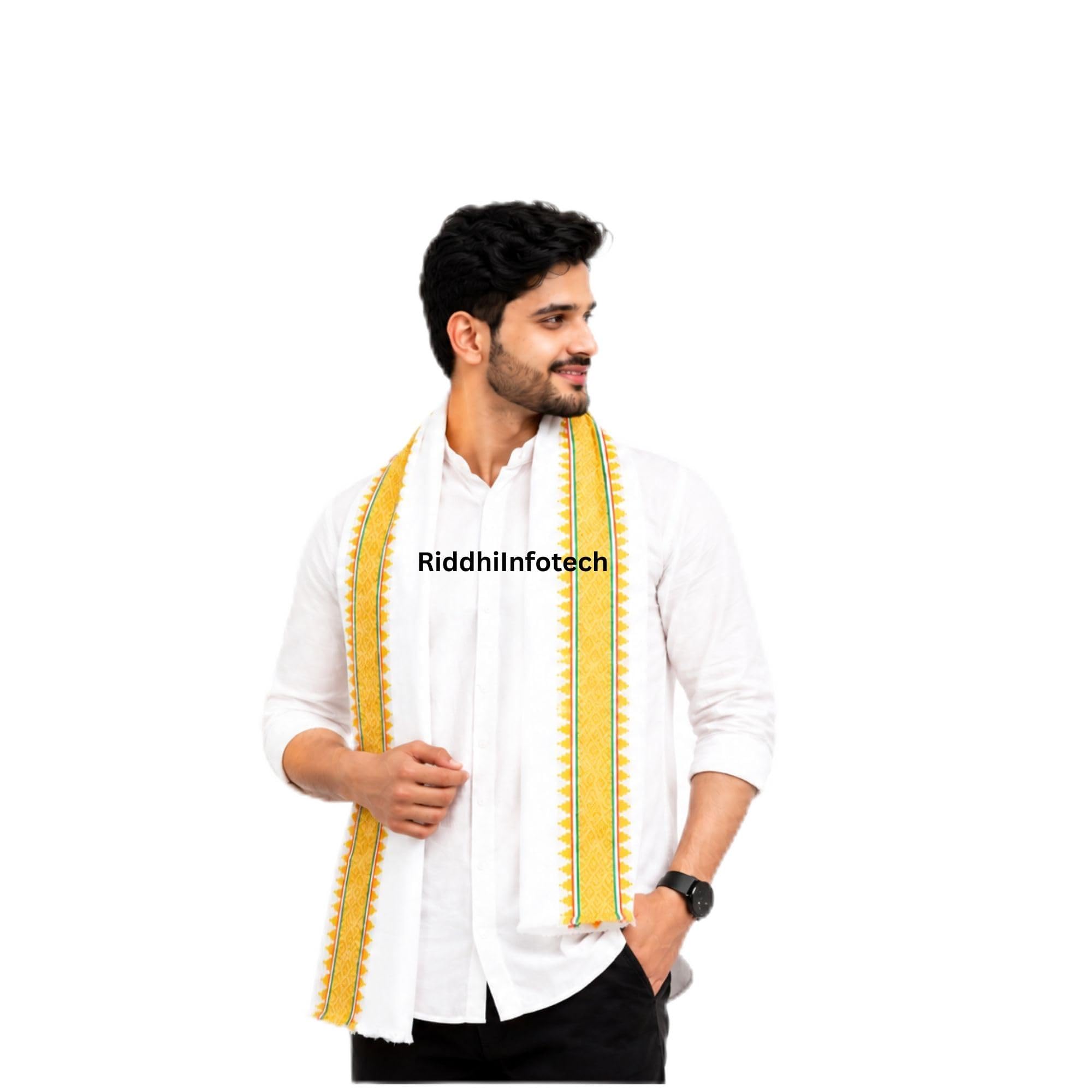 RiddhiInfotech Trendy Stylish White Cotton Gamcha | Traditional Desi Angocha with Elegant Golden Border | Soft Breathable Multipurpose Cotton Towel for Men | 1Pc-picture-49