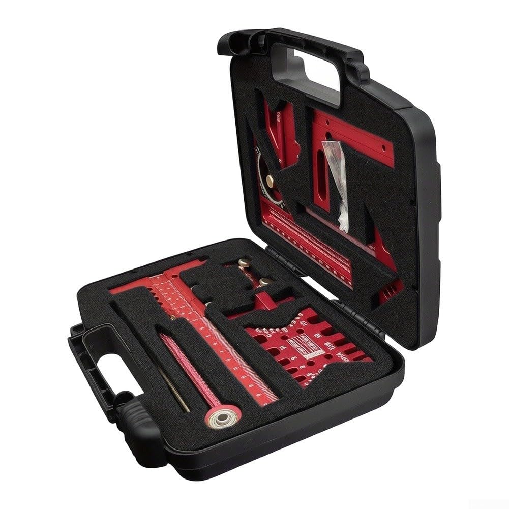 Kit de herramientas de diseño de aleación de aluminio para carpinteros con regla de ángulo cuadrado, regla de cola de milano, centro de escritura y herramientas de marcado (9 piezas)