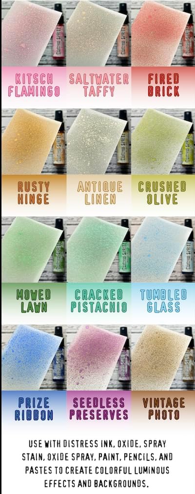 Ranger Ink Tim Holtz Distress Spritz Sprays, Set #2, October 2024 Release, 12 1-oz Bottles, Shimmery Colors including Vintage Photo, Cracked Pistachio, Fired Brick, Mowed Lawn + Carnora Amber Bottle