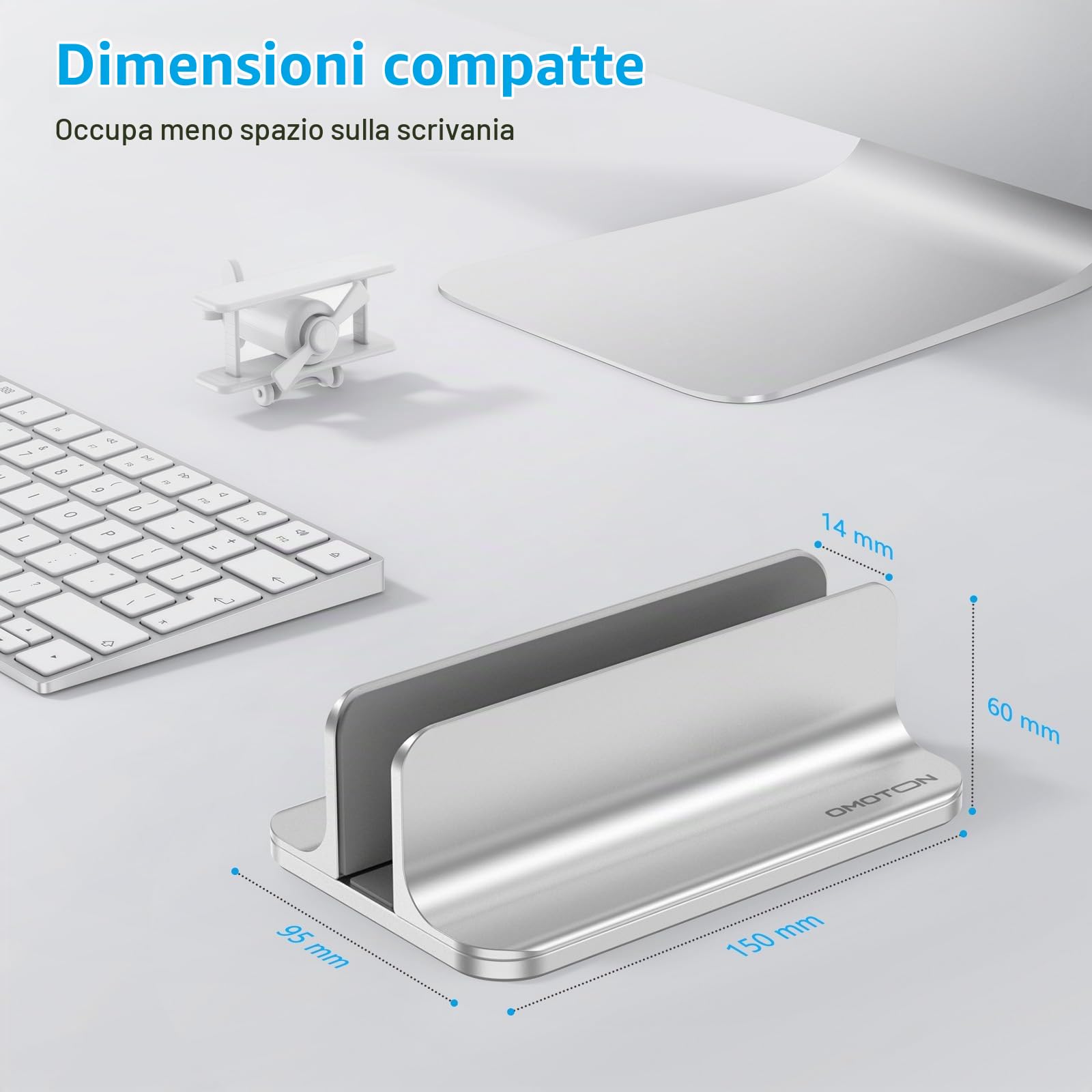 OMOTON Supporto Verticale per Laptop, Supporto Scrivania per Computer e Tablet, Accessori per Laptop, Salvaspazio Compatibile con MacBook/Notebook e Altri Notebook, Argento
