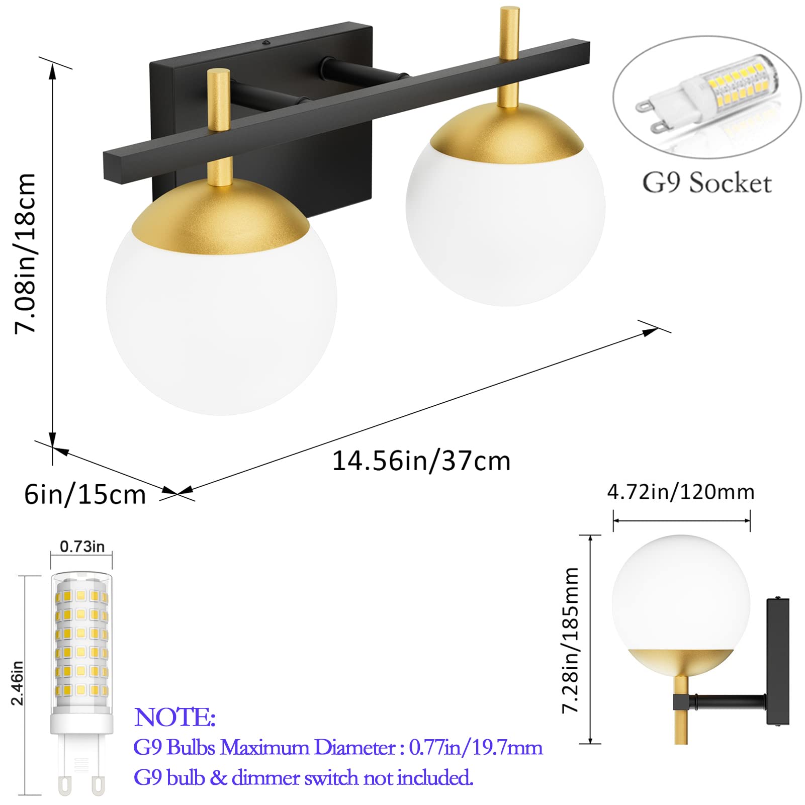 Ralbay Black Gold Bathroom Vanity Light 2-Light Mid Century Modern Bathroom Light Fixture Black/Golden Milky Glass Ball Wall Light for Bathroom