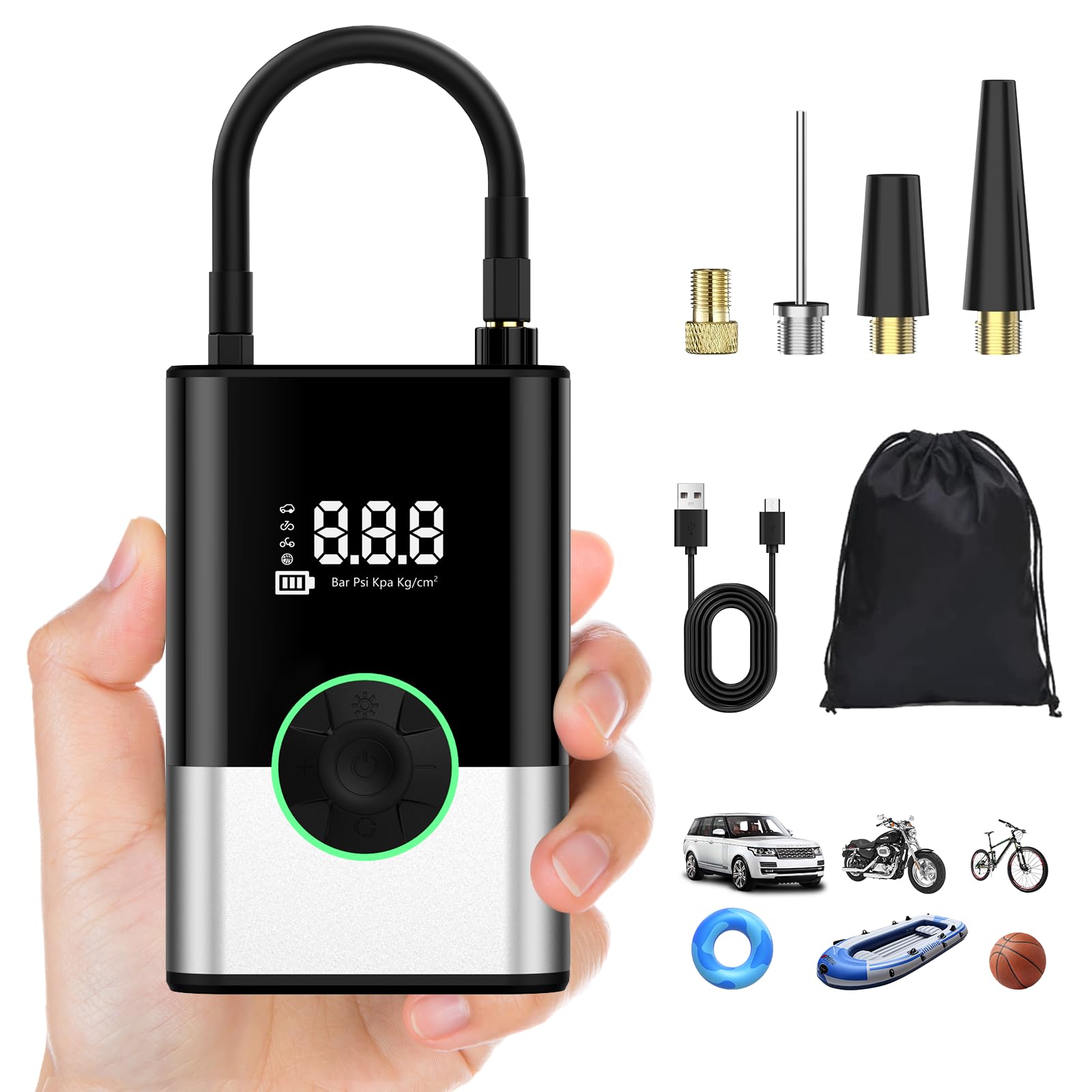 6000Mah Compresor Aire Portatil, 150PSI Inflador Ruedas Coche Mini Bomba de Aire Bicicleta Electrica con Pantalla LCD Digital y Linterna LED，con 4 Boquillas para Coches, Motos