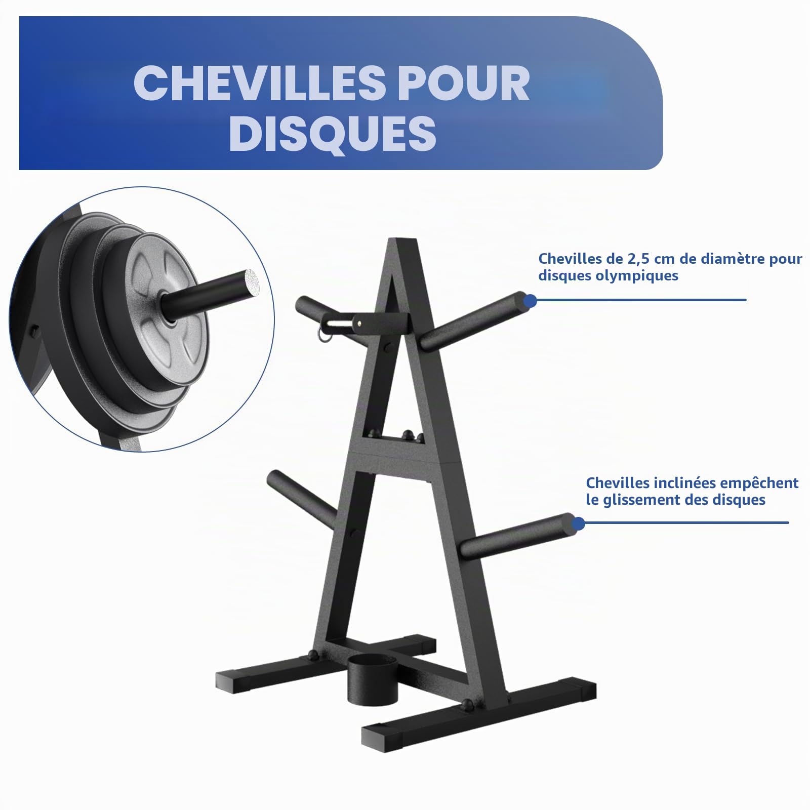 Arbre à disques en A pour plaques olympiques de 2,5 cm – Support d'haltères et rangement pour salle de sport à domicile – Peut contenir 136 kg