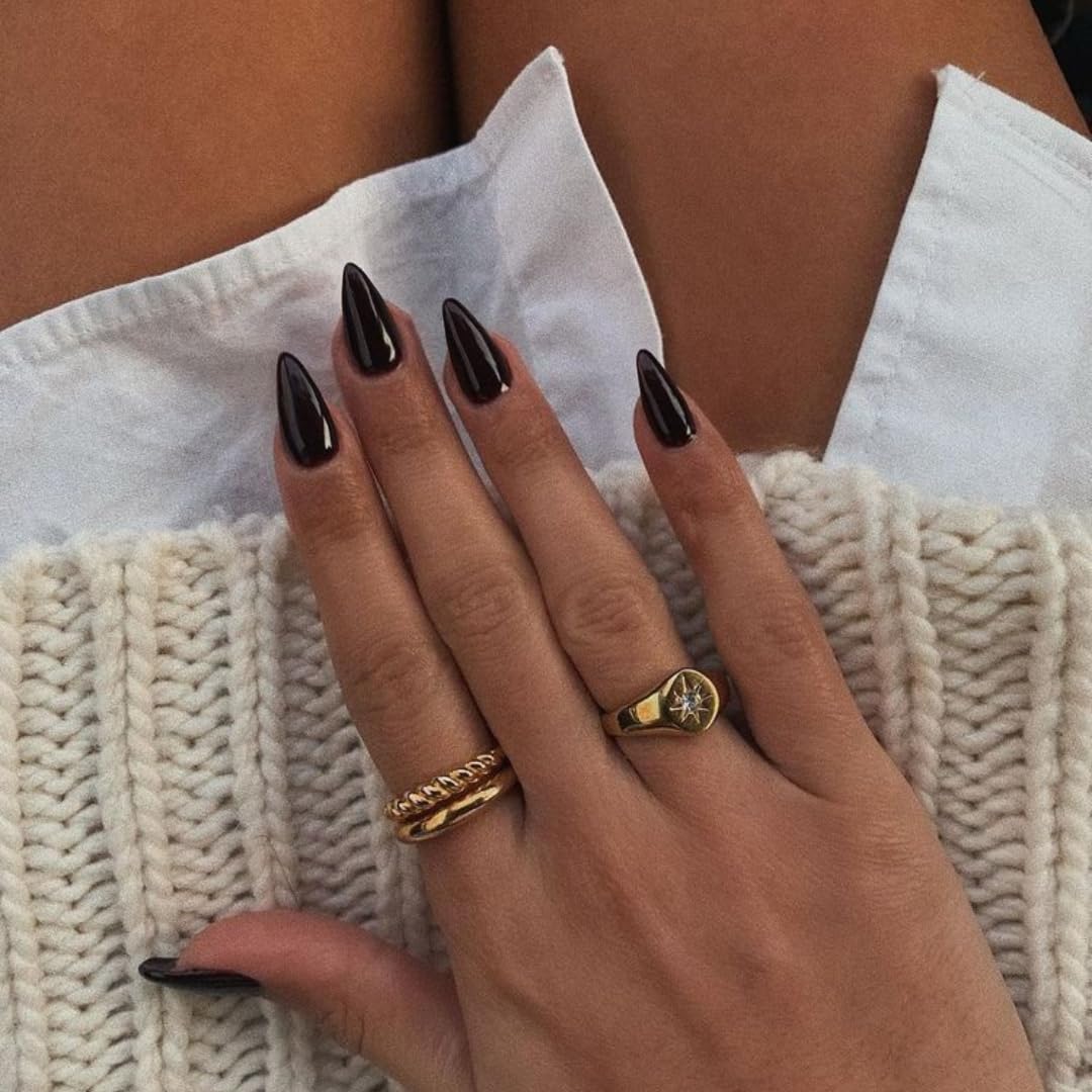 SXVME 48 Pcs Black Press on Nails Almond Medium Acrylic False Nails Medium Stiletto Natural Fake Nail Set Elegant Solid Color Full Cover Glossy Gel Stick on Nails for Women Fall Winter Wear - Image 3