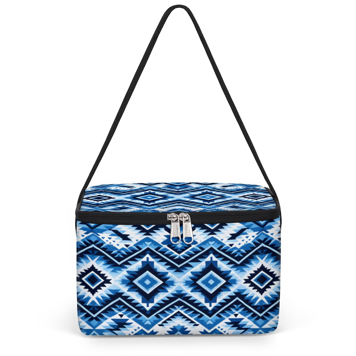 GzLeyigou Ethnic Trellis Lunch Bags for Women Men 9 Cans, Hot & Cold Food Delivery Bag Insulated Grocery Bag Insulated Lunch Box Blue Folk Cooler Bag for Office Work Picnic Beach