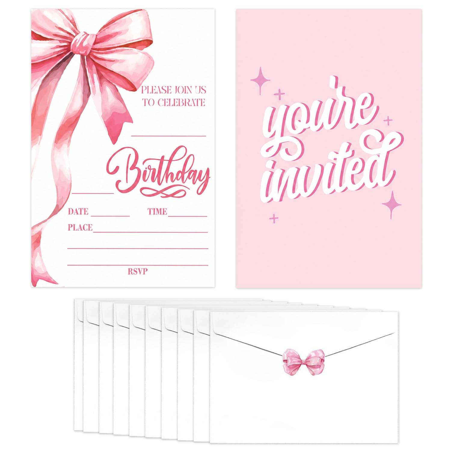 Xenovate 20PCS Pink Bow Birthday Invitations for Girls, Elegant Birthday Party Invitaions with Envelopes, Birthday Invitations for Ladies