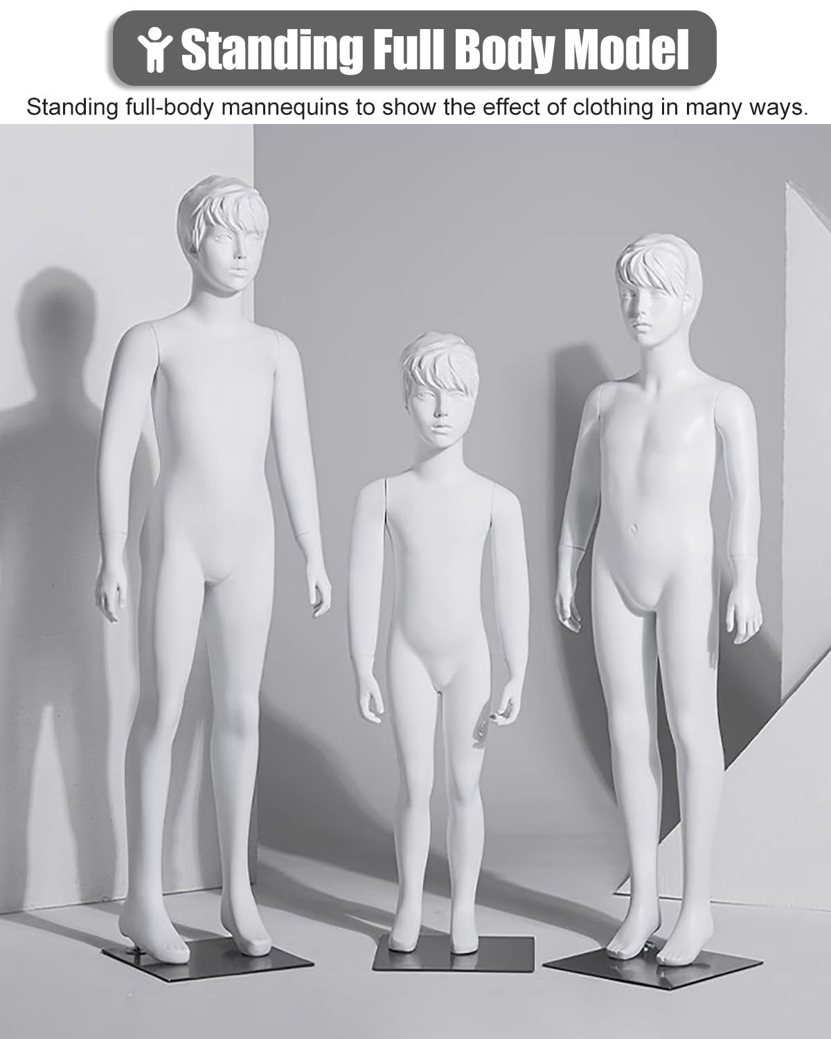 Biały manekin na całe ciało dla dzieci i młodzieży, idealny do sprzedaży odzieży. Model z włókna szklanego, idealny do sklepów i salonów (133 cm/52 3/8 "szerokości).