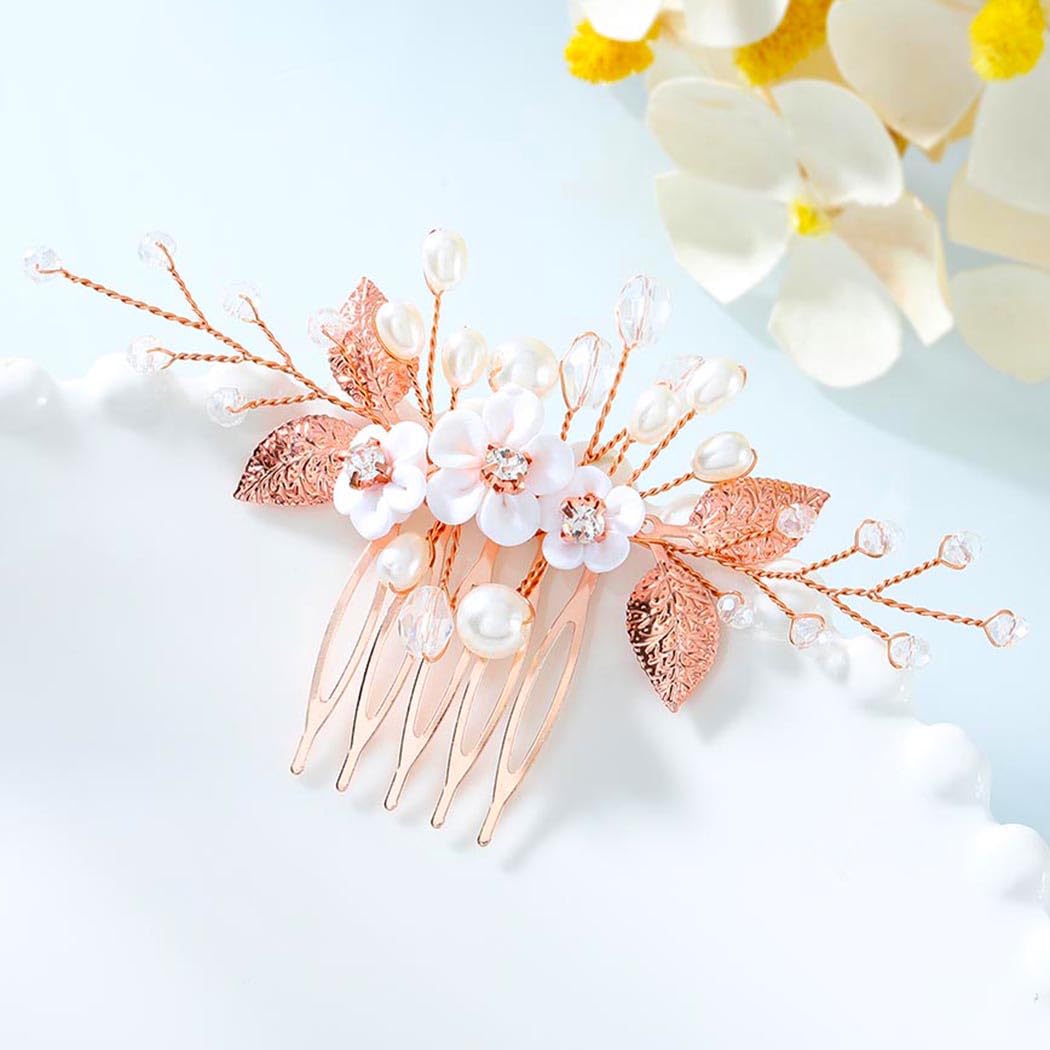 Edary Bride Flower Pearl Hair Comb - Rose Gold, Decorative  display picture 1
