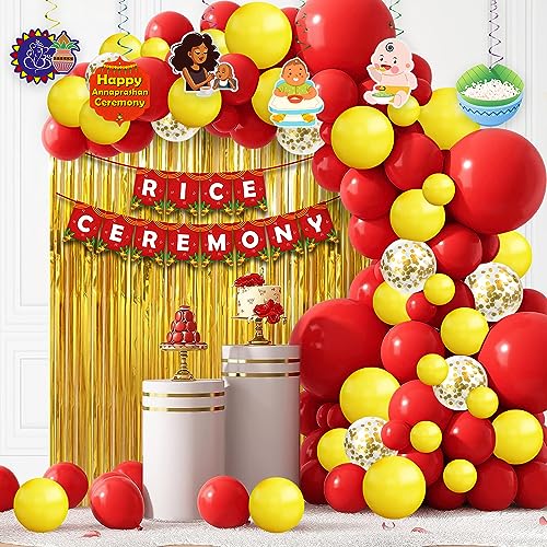 Image of Party Propz Baby Rice Ceremony Decorations Items - 49Pcs Baby Annaprashan Decoration Items, Yellow and Red Balloons For Decoration with Annaprashan Banner, Annaprashan Swirls with Cutout, Foil Curtain