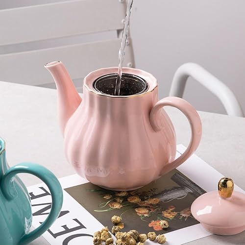 Miniatura 5 de Sweejar Royal Teapot, tetera de cerámica con infusor de acero inoxidable extraíble, tetera de hojas sueltas y florecientes, 40 onzas (rosa)