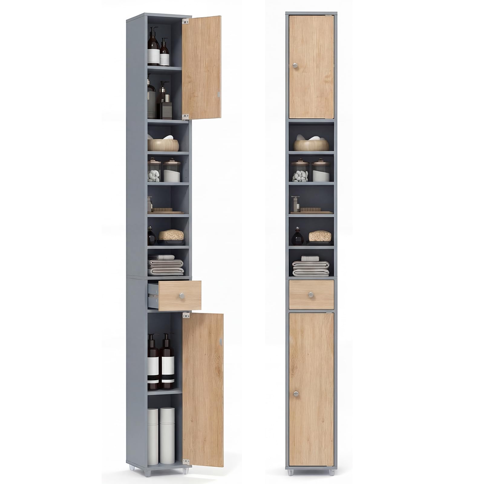 Multigot Bathroom Tall Cabinet, Wooden Slim Cupboard with 1 Drawer, 2 Cabinets & 5 Adjustable Shelves, Narrow Organizer Unit for Bedroom Living Room Hallway (Natural+Grey)