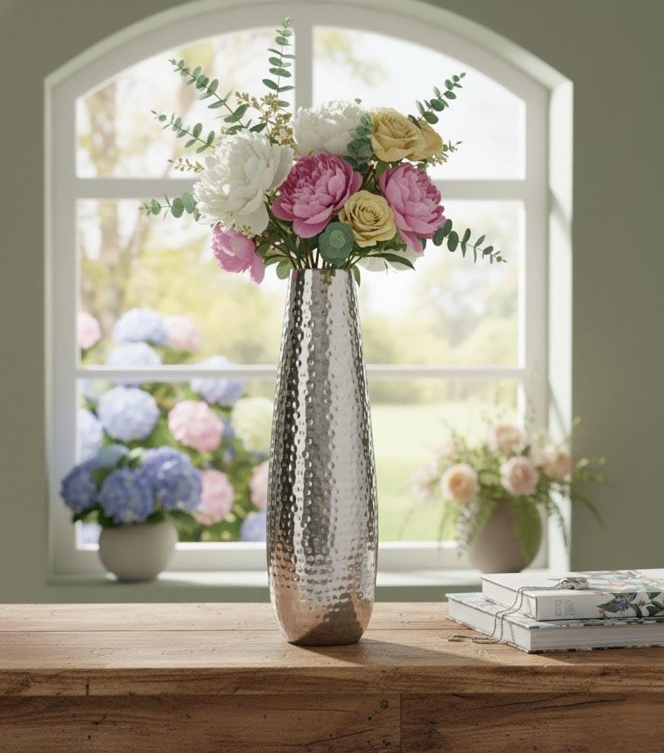 Elegant Silver Hammered Metal Vase Hydrangea & Delphinium Faux Floral Centerpiece for Living Room, Dining Table & Office Home Décor-picture-11