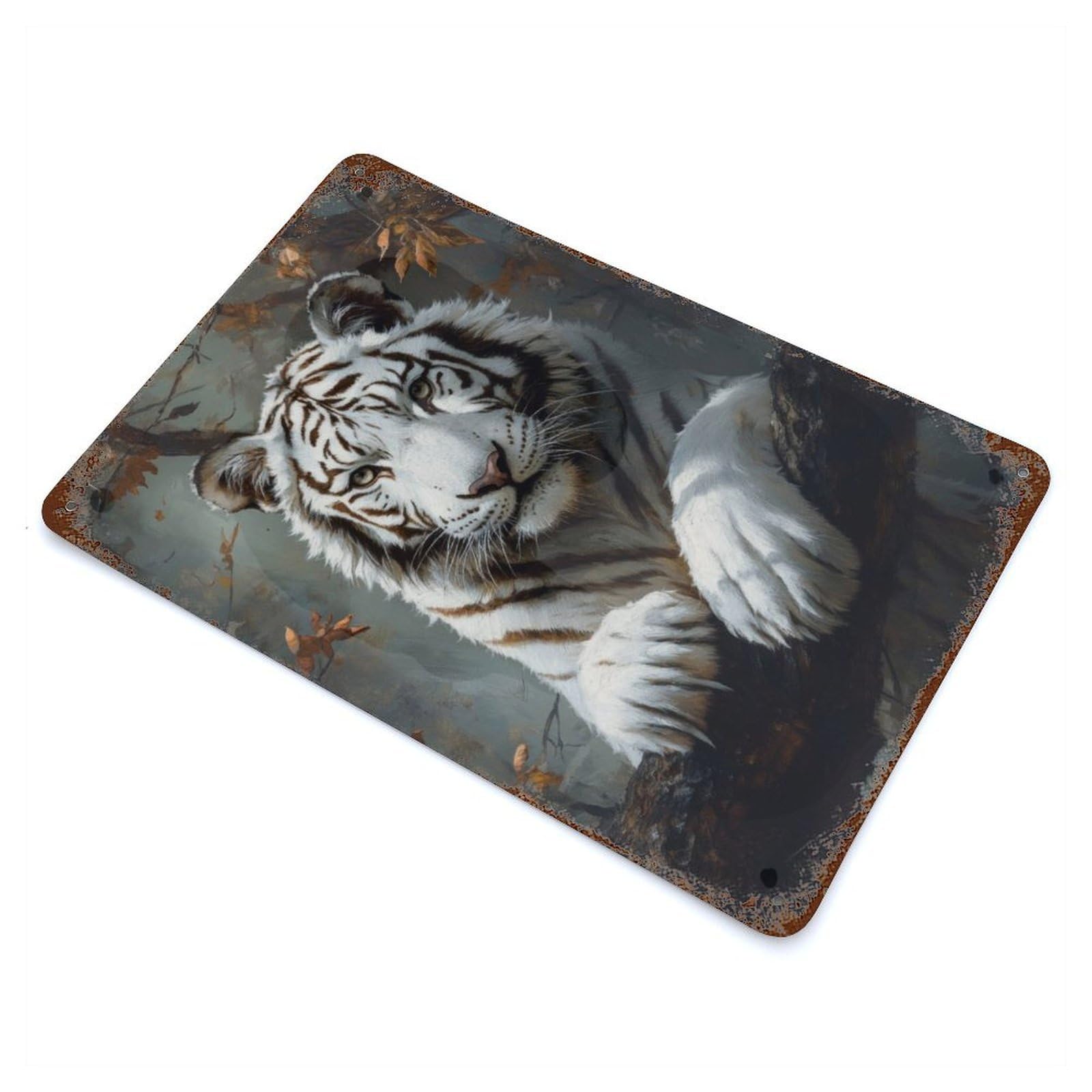 White Tiger in Autumn Vintage Wall Sign 11.8"x7.9", Rust Effect Metal Decor for Basement, Hobby Room And Garage Decor