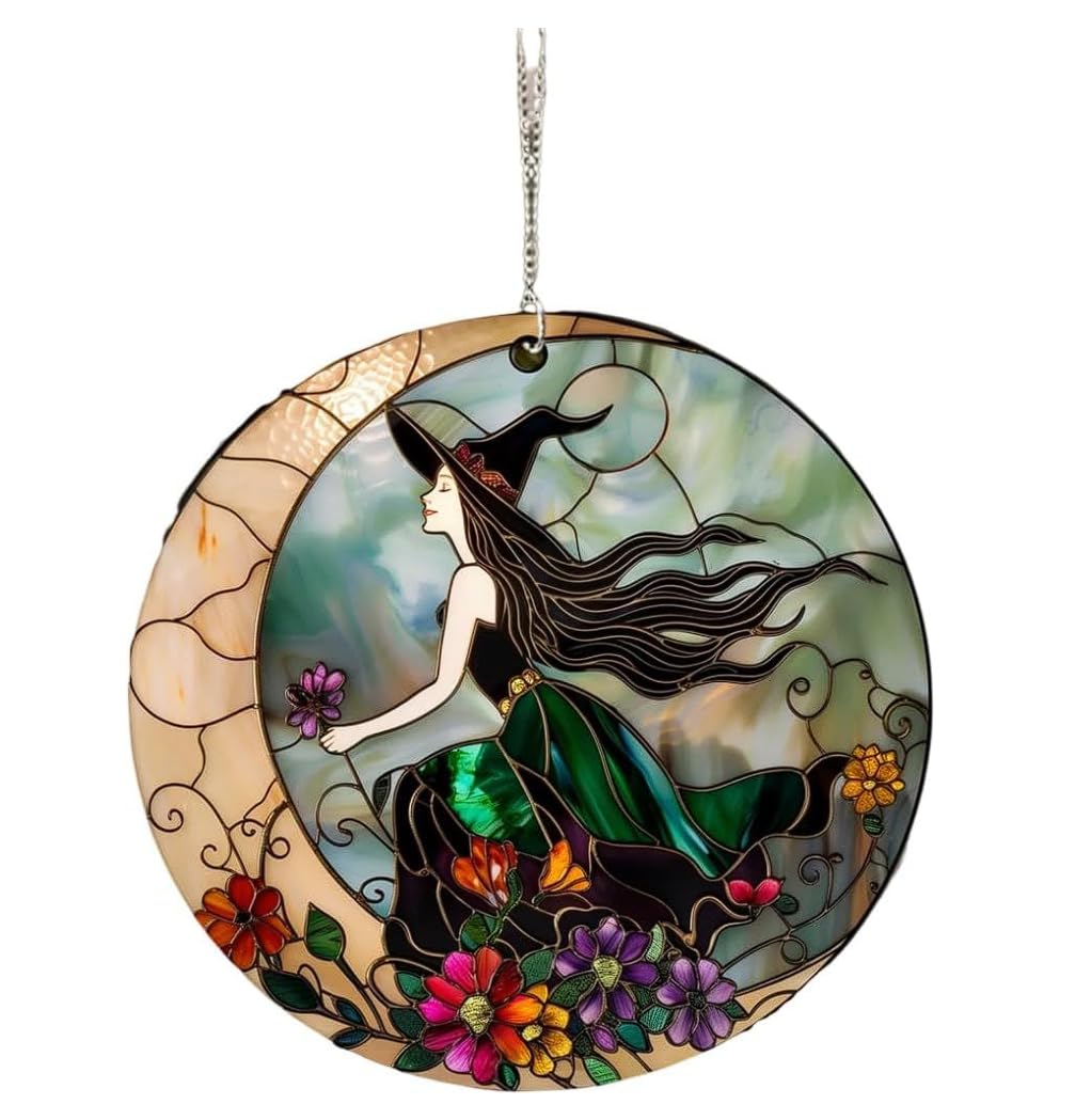 Witch And Moon Suncatcher Ornament, Witch Halloween Decor, Gothic Decor Acrylic Home Window Decorations (3.5 * 3.5inches)