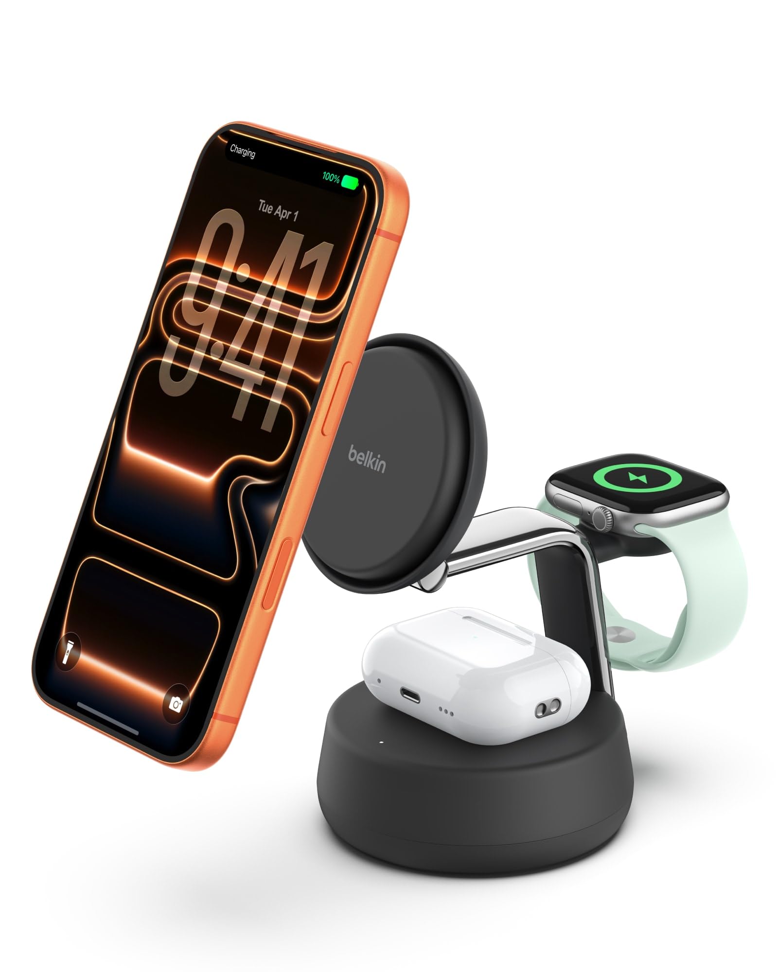 Photo 1 of Belkin MagSafe Charger Compatible, 3-in-1 Charging Station, Qi2.2 25W w/Cooling Fan (On/Off Control) Magnetic Wireless Charger for iPhone 17, Apple Watch, AirPods, Pixel 10 (45W Adapter Included)