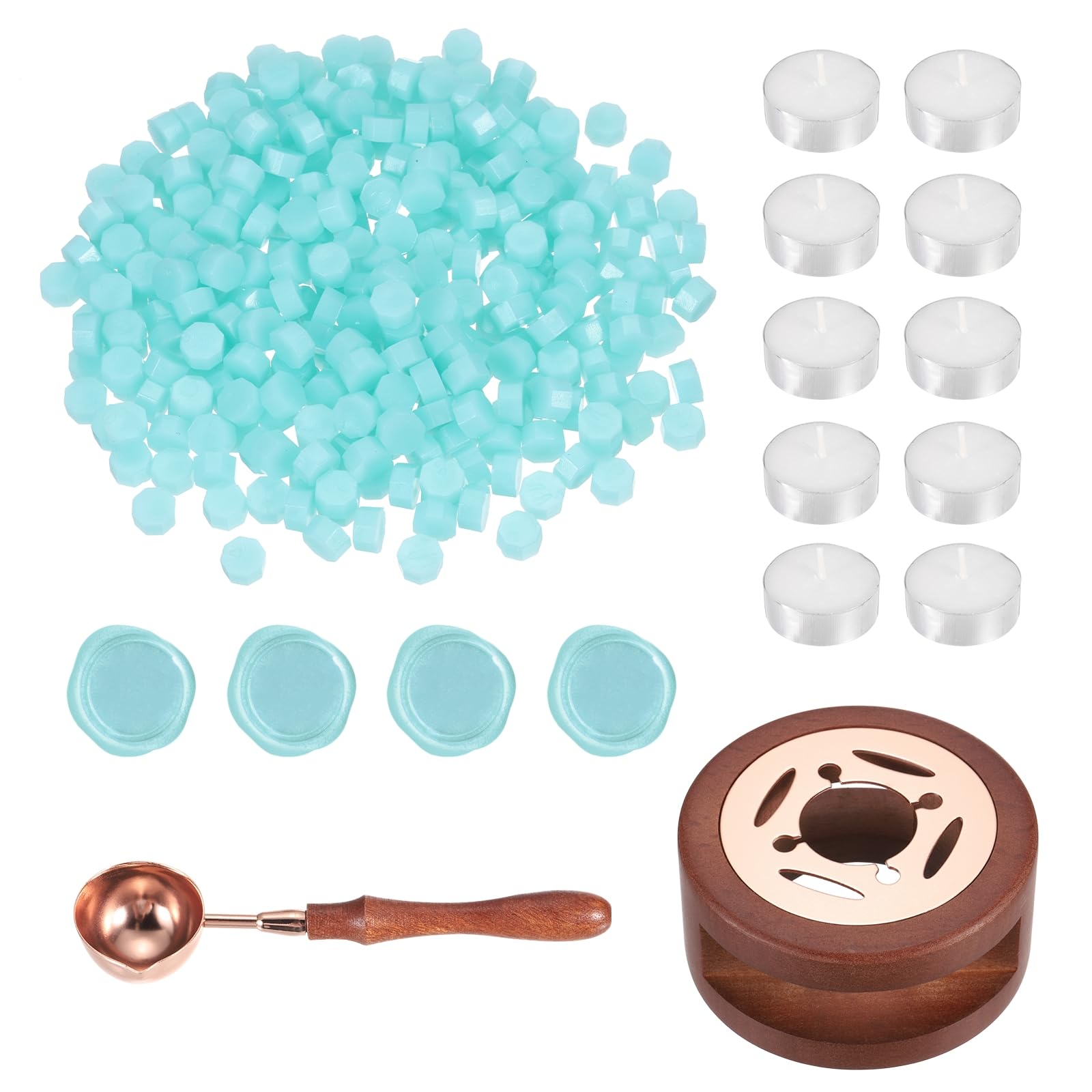 PATIKIL Wax Seal Kit, 300 Pcs Wax Sealing Beads, Wooden Warmer, Melted Spoon, 10 Pcs Tealight Candles for Envelope Letter Mailing Crafts DIY, Clear Blue