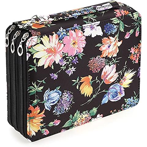 BSTKEY 120 Slots Pencil Holder Pouch Storage Bag, Multifunctional Pencil Wrap Case Organizer with Zipper for Color Pencils Stationery, Black Flower (No Pencils) Cover