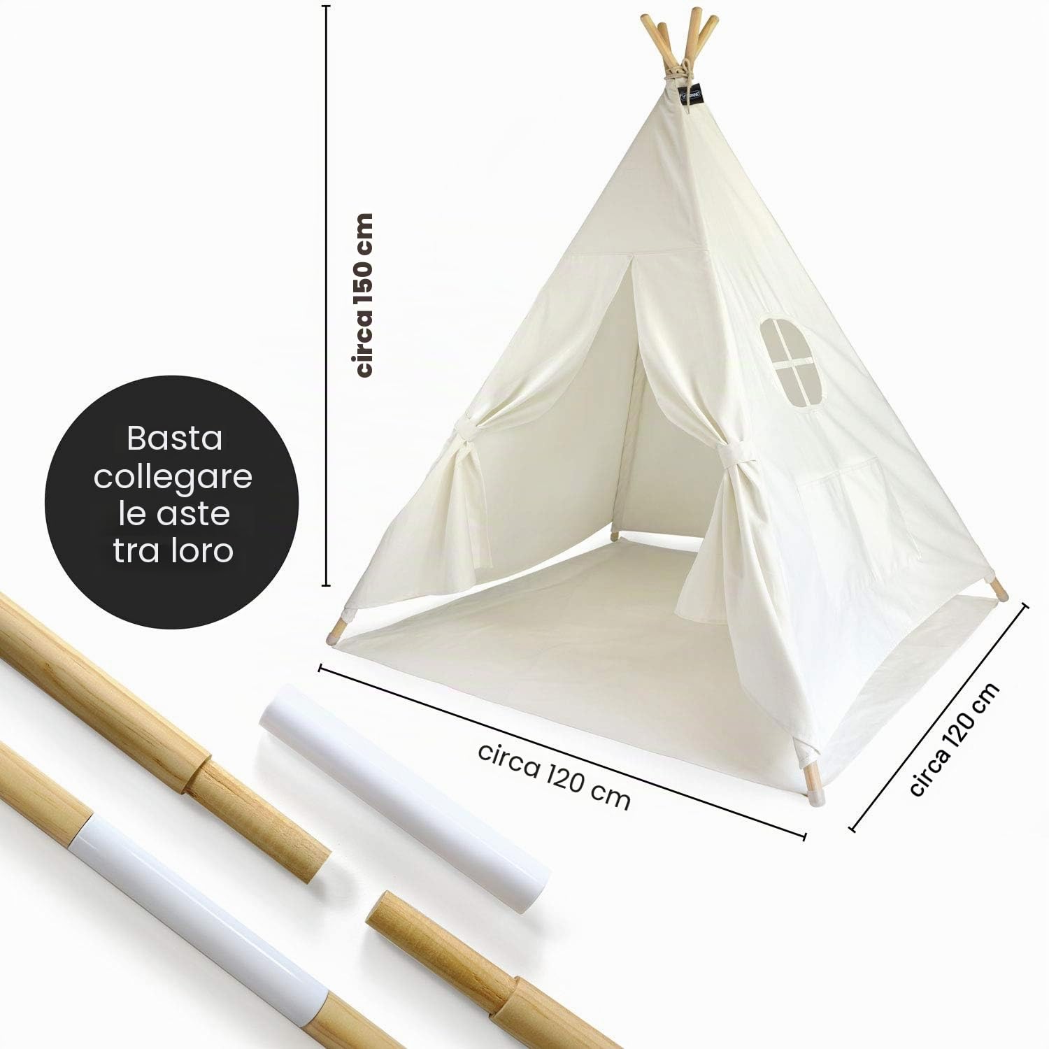 HEJ LØNNE Tenda Tipi Indiana Bambini Beige Naturale con Tappetino Finestra 120x120x150cm Cotone Legno Pino per Cameretta Giardino Interno Esterno con Borsa