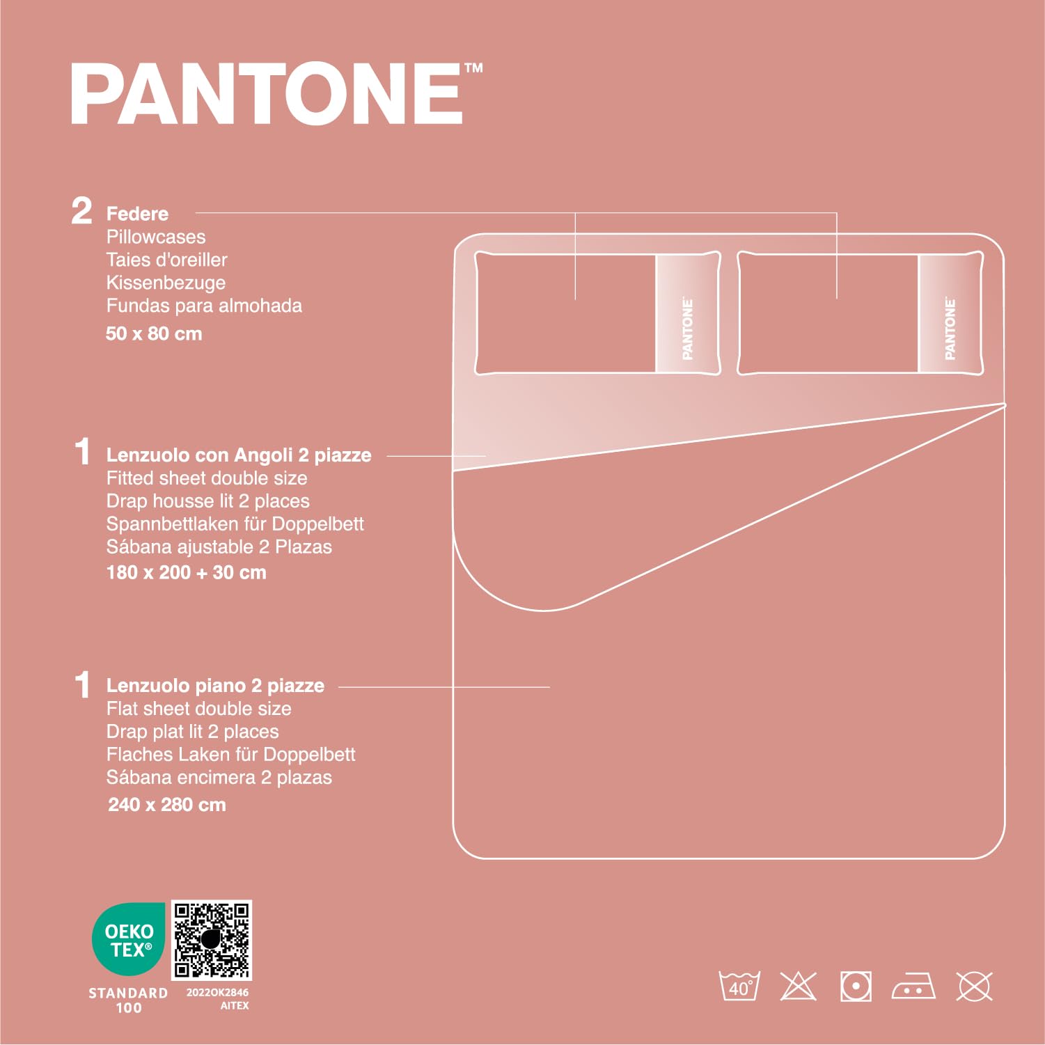 PANTONE™ - komplet pościeli bawełnianej na łóżko dwuosobowe 240 x 280 cm + prześcieradło z gumką z podwójnym łóżkiem, ochraniacz na materac 180 x 200 cm, z gumkami do materaca o wymiarach do 30 cm i