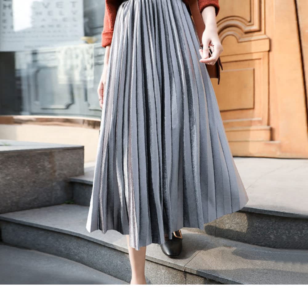 Faldas para Mujer Reino Unido,Terciopelo Dorado Faldas Plisadas Grises para Mujer Cintura Elástica Falda Midi Cálida De Invierno Falda De Talle Alto De Línea A (As Shown L)