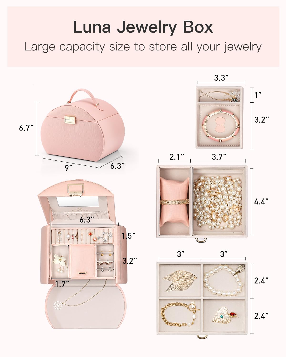 Joyero de diseño holandés, de VLANDO, con espejo y cajones, Rosa, rosa