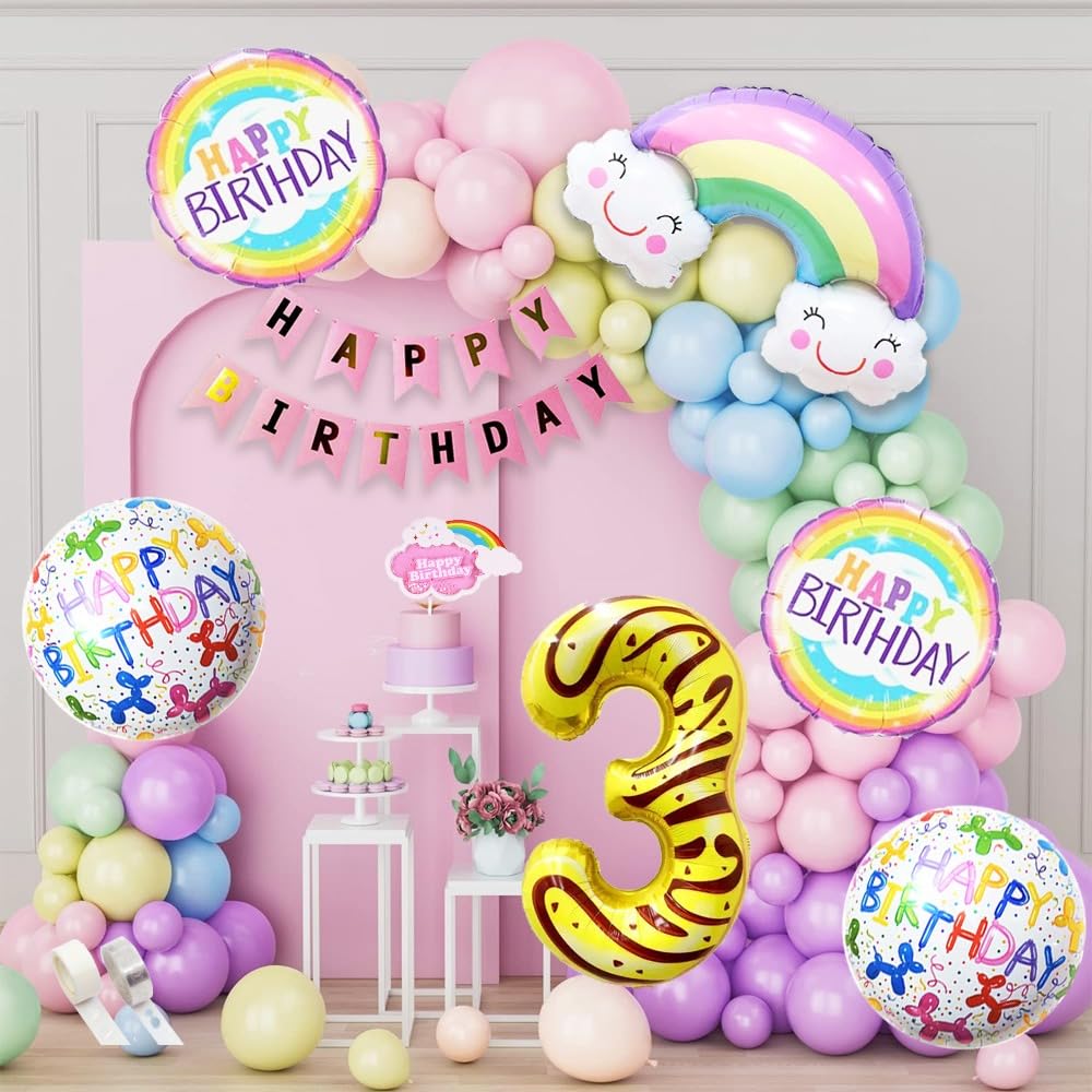 Cardstock 59Pcs Pastel Rainbow Balloon Arch Garland Kit | Birthday Balloons,Happy Birthday Banner, With Arch And Glue Dot | Ideal For 3rd Birthday Decorations