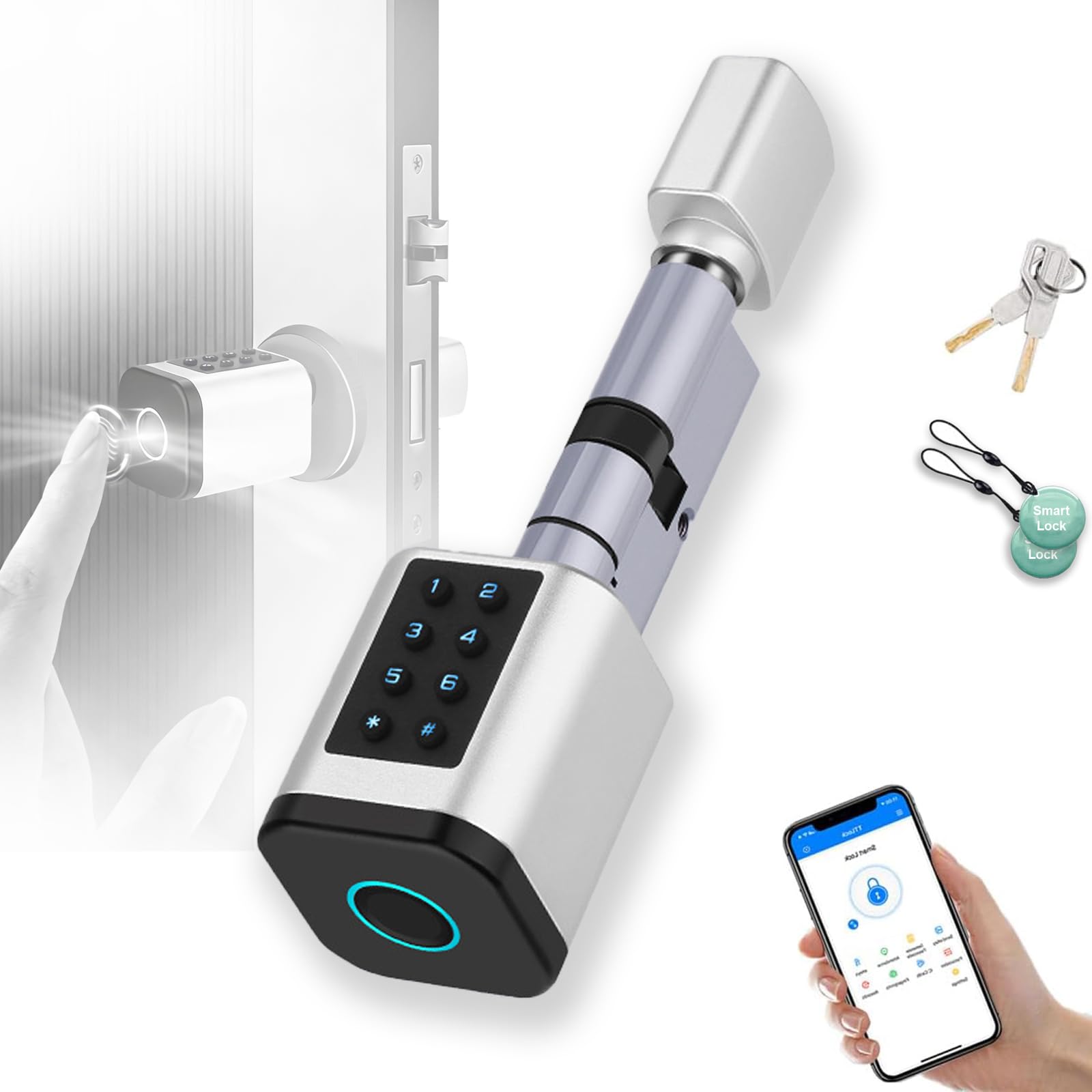 Serratura con impronta digitale, cilindro Euro profilo intelligente, lunghezza regolabile 70-90 mm, apertura tramite app, codice, RFID, chiave, per porta principale