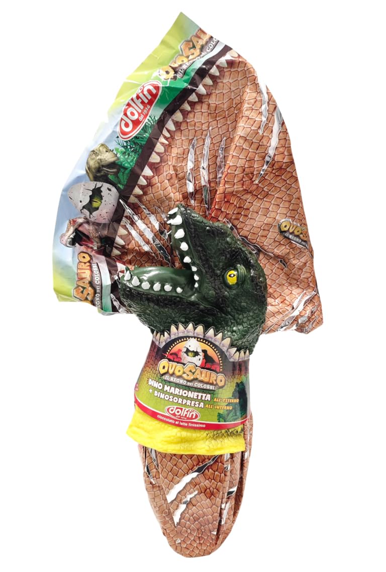 Dolfin Uovo Ovosauro Il Regno dei Colossi con Cioccolato al Latte Finissimo doppia sorpresa da 320 grammi - Dino Marionetta + Dinosorpresa - Senza Glutine