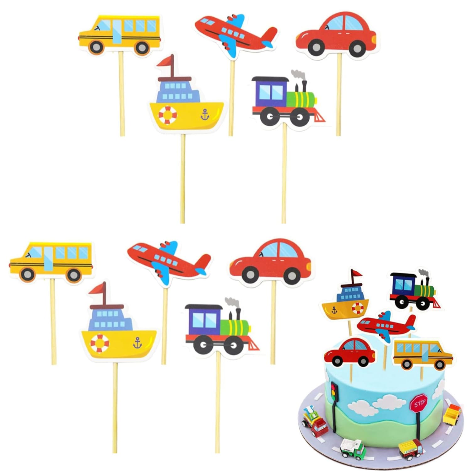 ZHAOYCSH 30pcs Transport Cake Toppers Set - Vehicle Cupcake Toppers for Kids Birthday Party Supplies, Car Bus Train Plane Ship Cake Decorations, Card Cake Toppers for Baking & Party Décor