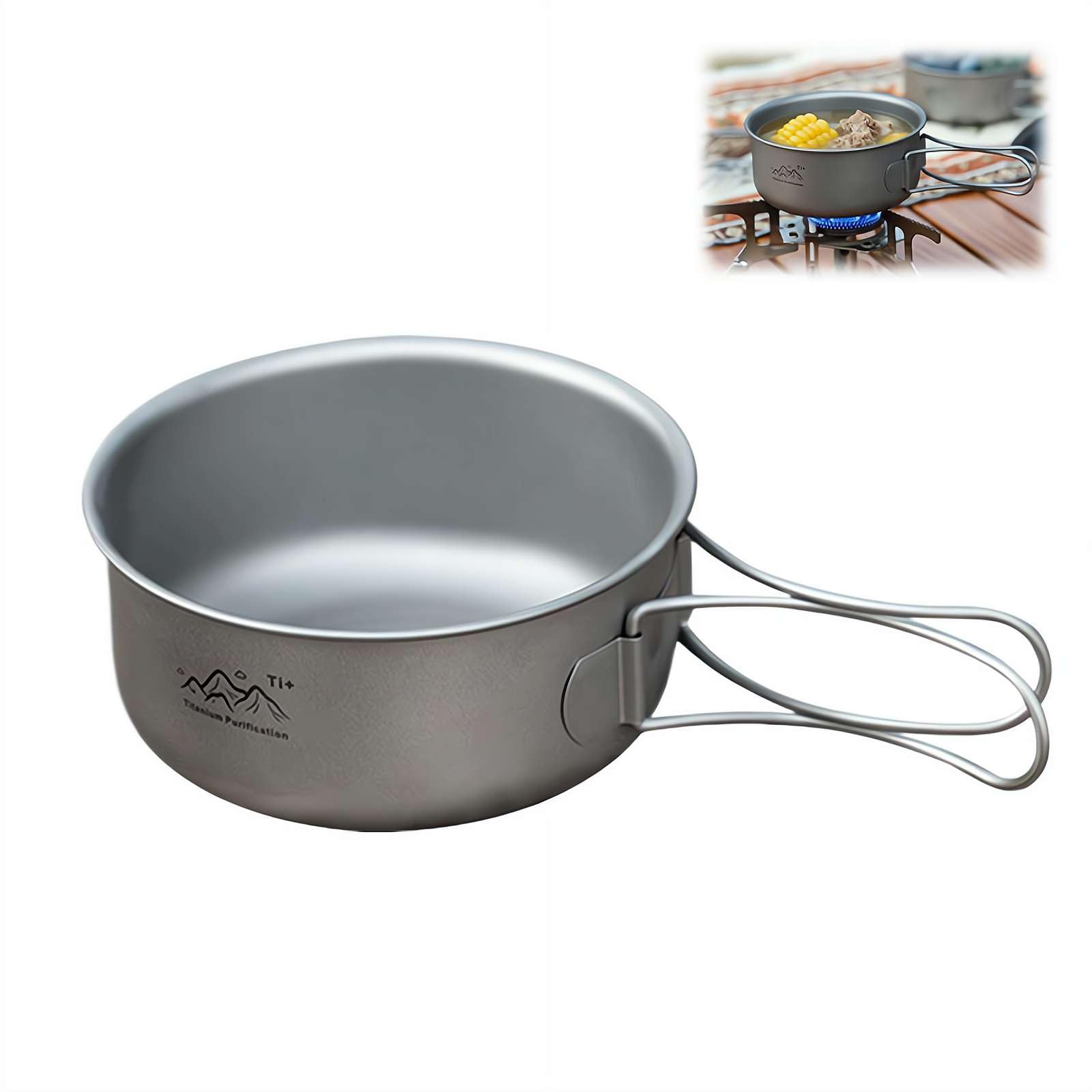 Backpacking Cookset Titanium Camping Pots Set Portable Outdoor Picnic Pots Pans with Folding Handle Cooking Mess Kit Compact Picnic Dishes Bowls Cups for Hiking Fishing Mountaineering,10.5CM