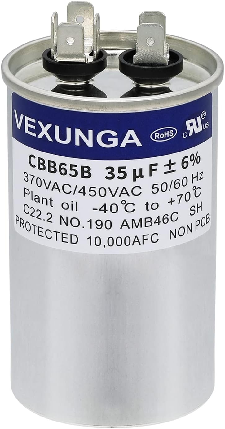 VEXUNGA 35uF 35 MFD 370VAC 440VAC 450VAC 50/60Hz CBB65 CBB65B Run Start Capacitor for AC Unit Fan Motor Start or Pool Pump or Air Condenser Straight Cool